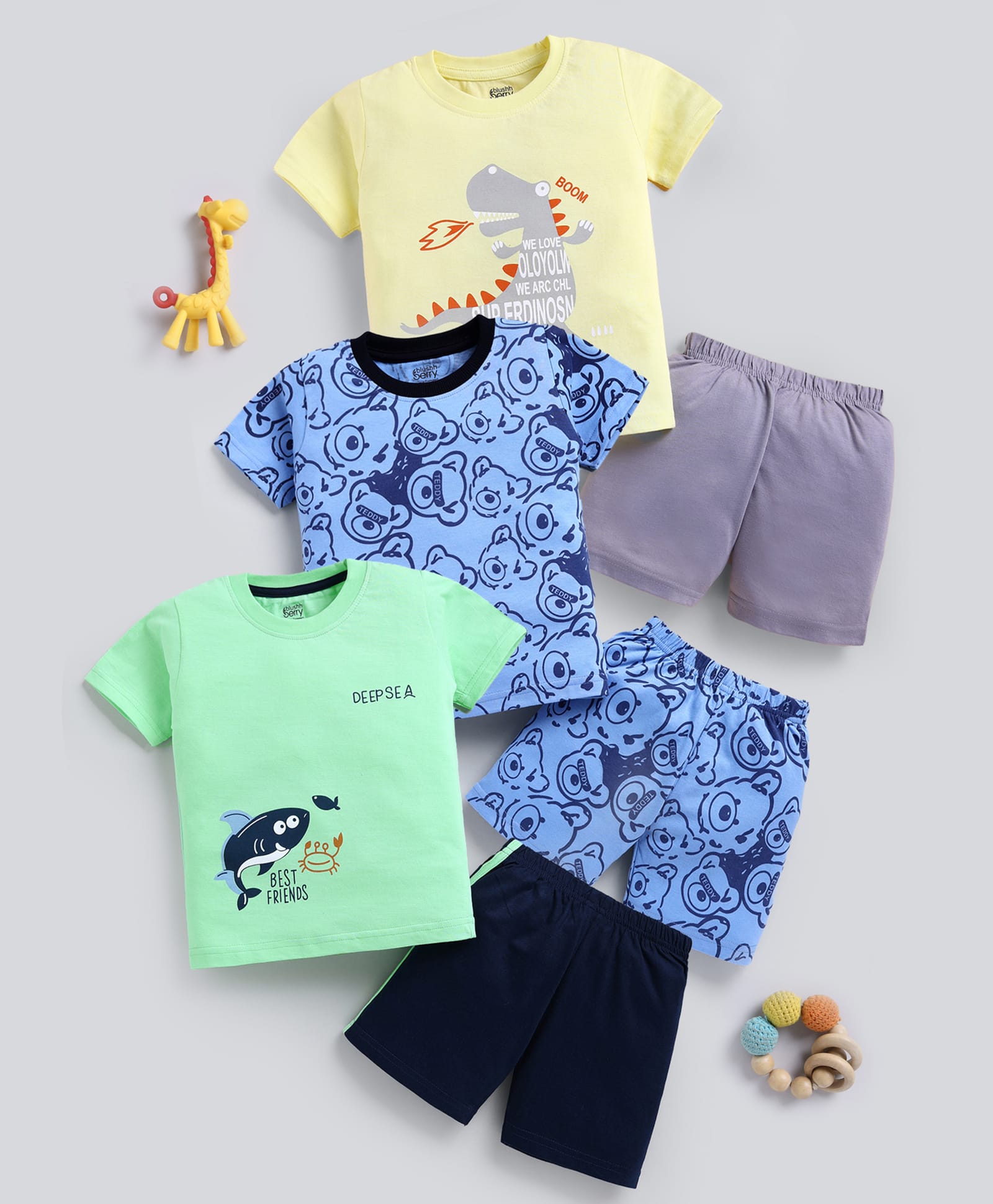 blushh berry Cotton Knit Pack Of 3 Half Sleeves Animals & Sea Life Printed Tees & Shorts Set - Green Blue & Yellow-image-43