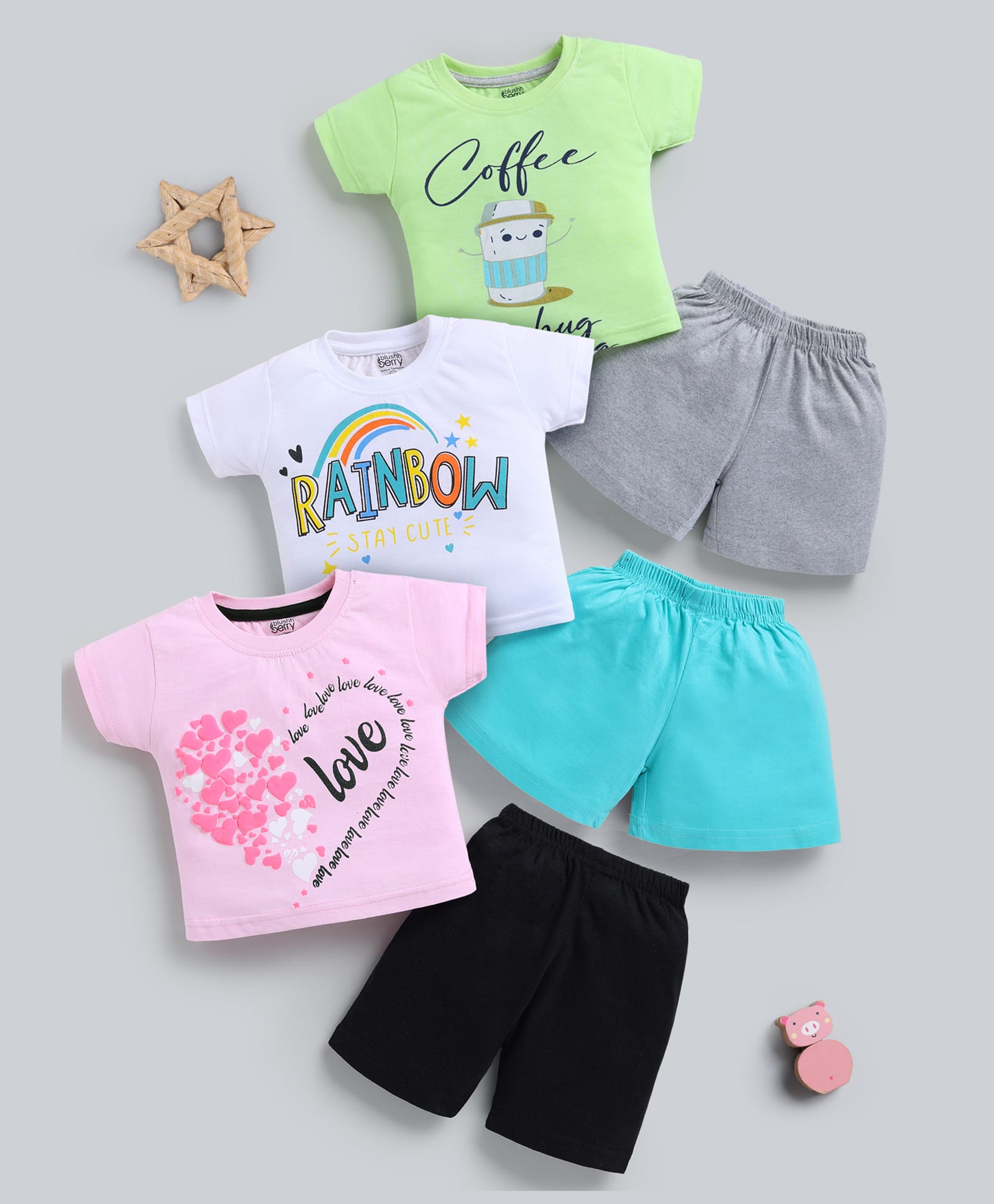 blushh berry Cotton Knit Pack Of 3 Half Sleeves Hearts Rainbow & Coffee Printed Tees & Shorts Set - Green White & Pink-image-17