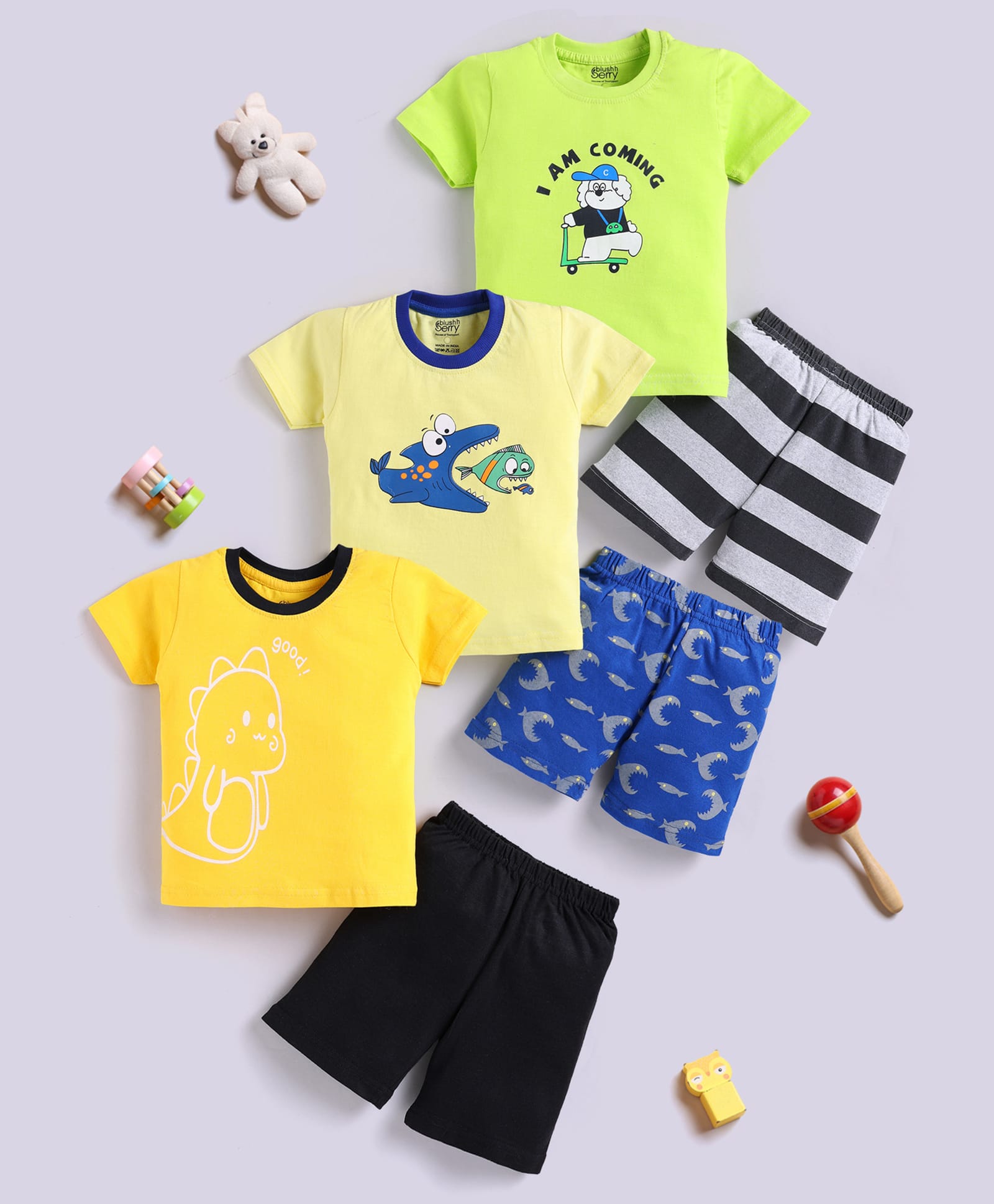 blushh berry Cotton Knit Pack Of 3 Half Sleeves Animals & Sea Life Printed Tees & Shorts Set - Green Cream & Yellow-image-42