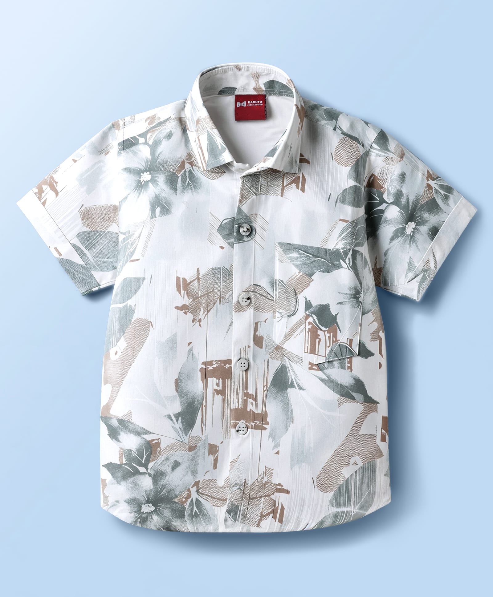 Radutu Cotton Woven Half Sleeves Floral Printed Shirt - White & Green-image-45