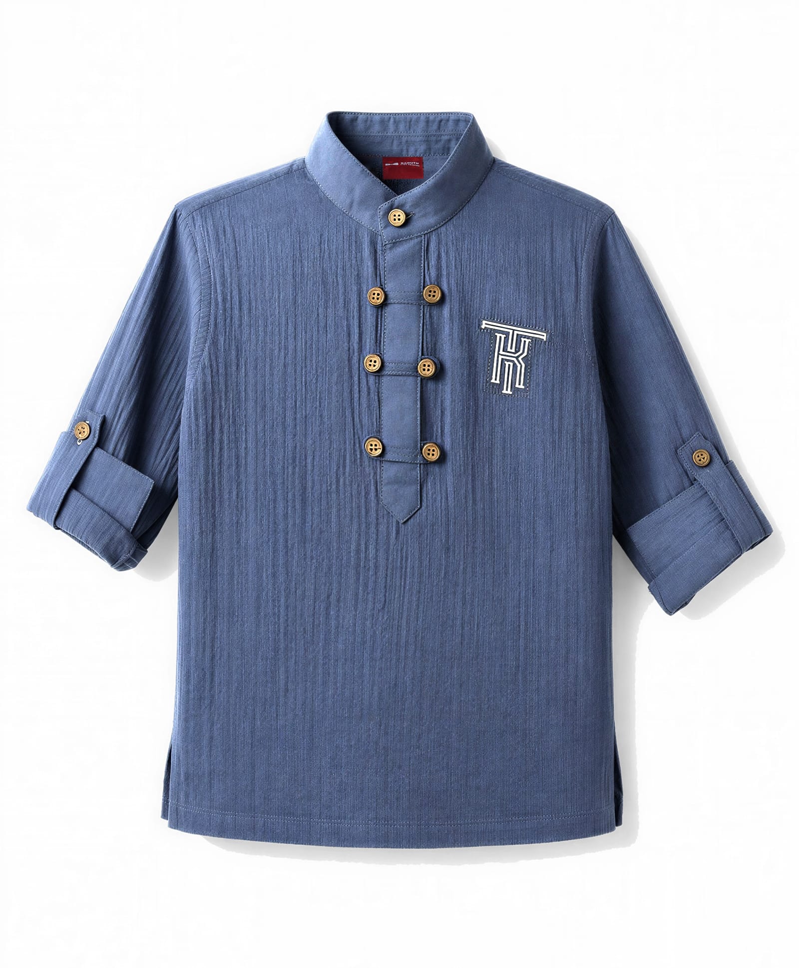 Radutu Cotton Woven Kurta Shirt with Roll Up Sleeves and Embroidered Detail in Blue for 2-3 Years-picture-23