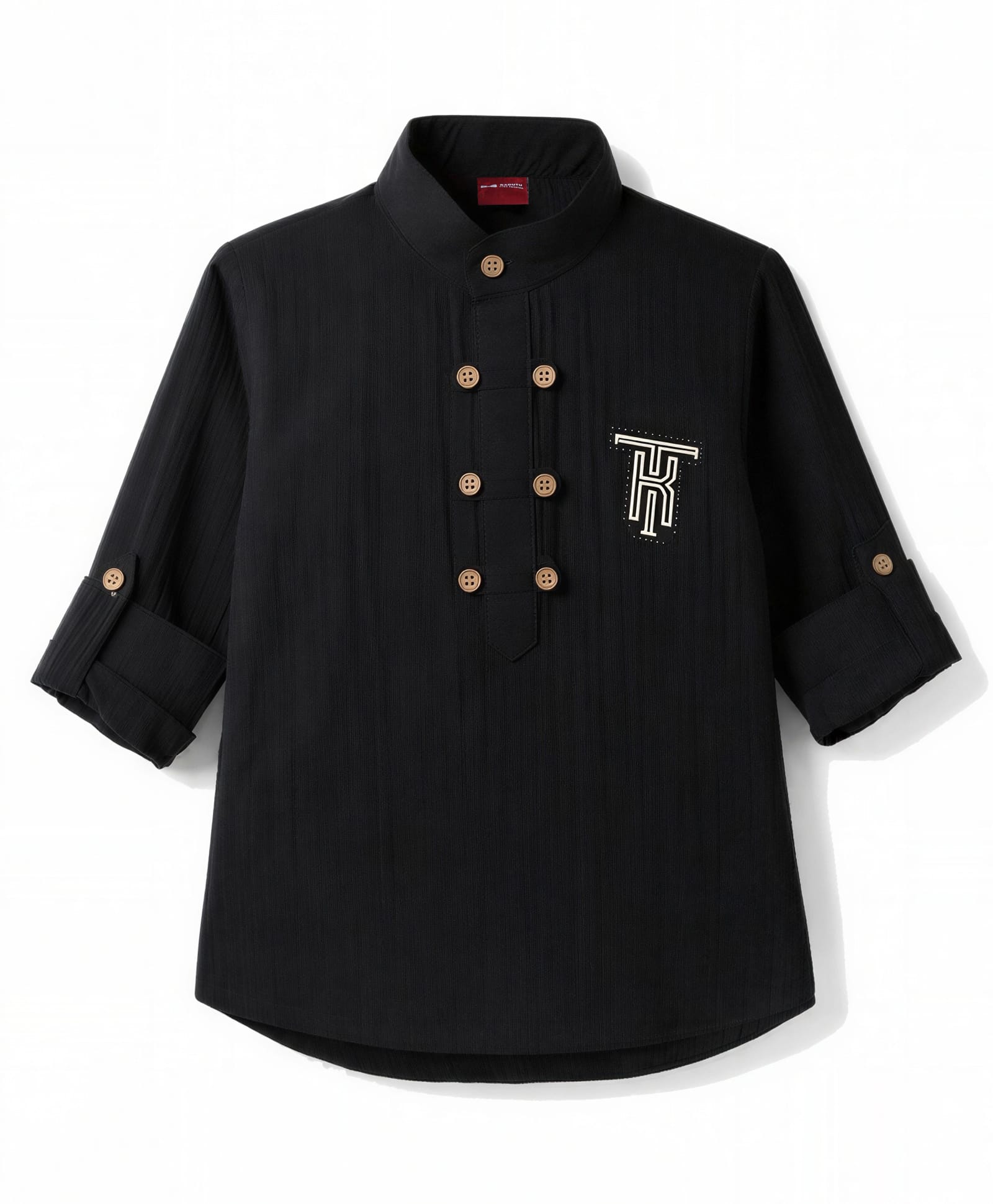 Radutu Cotton Woven Kurta Shirt with Roll Up Sleeves and Embroidered Detail in Black for 5-6 Years-image-3