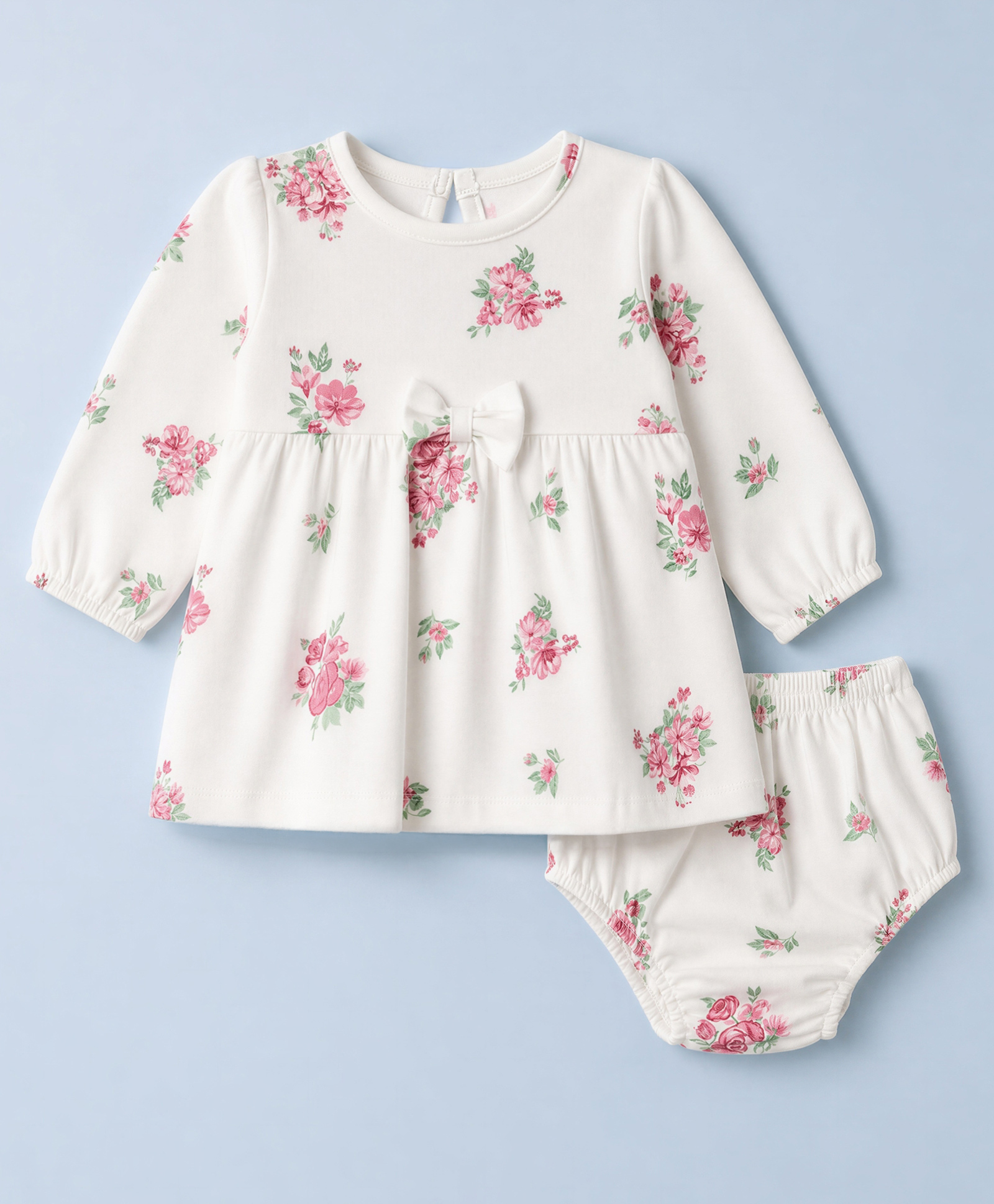 Babyhug Single Jersey Knit Full Sleeves Frock and Bloomer with Bow Applique & Floral Print - White-picture-10