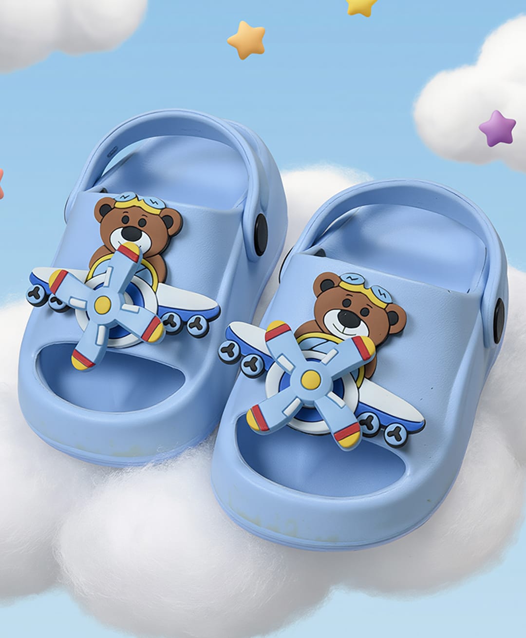 Yellow Bee Teddy & Plane Applique Detailed Slingback Sandals - Blue-image-33