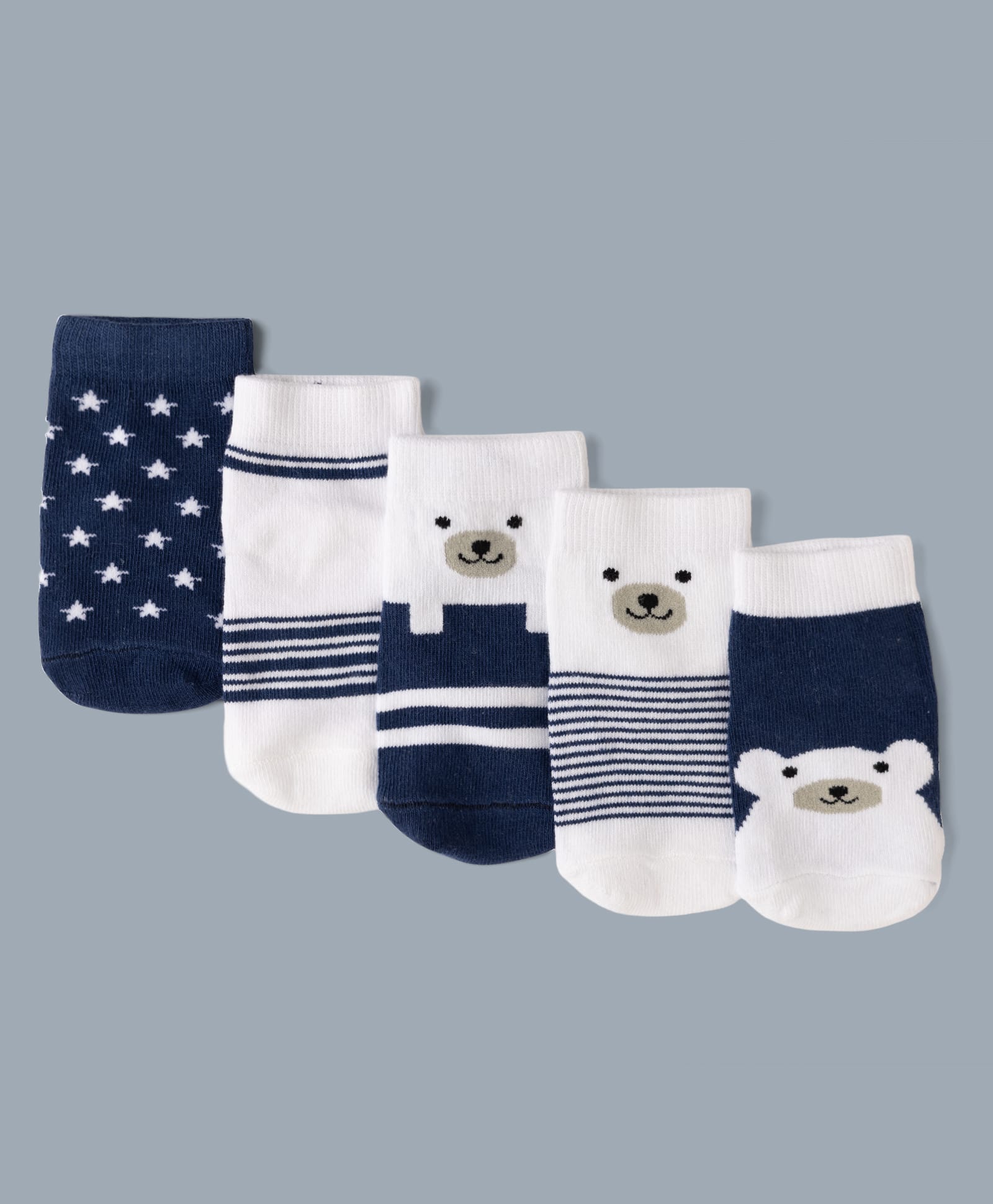 Cute Walk By Babyhug Knit Anti-Bacterial Ankle Length Socks With Star & Bear Print Pack of 5 - Navy Blue-picture-27