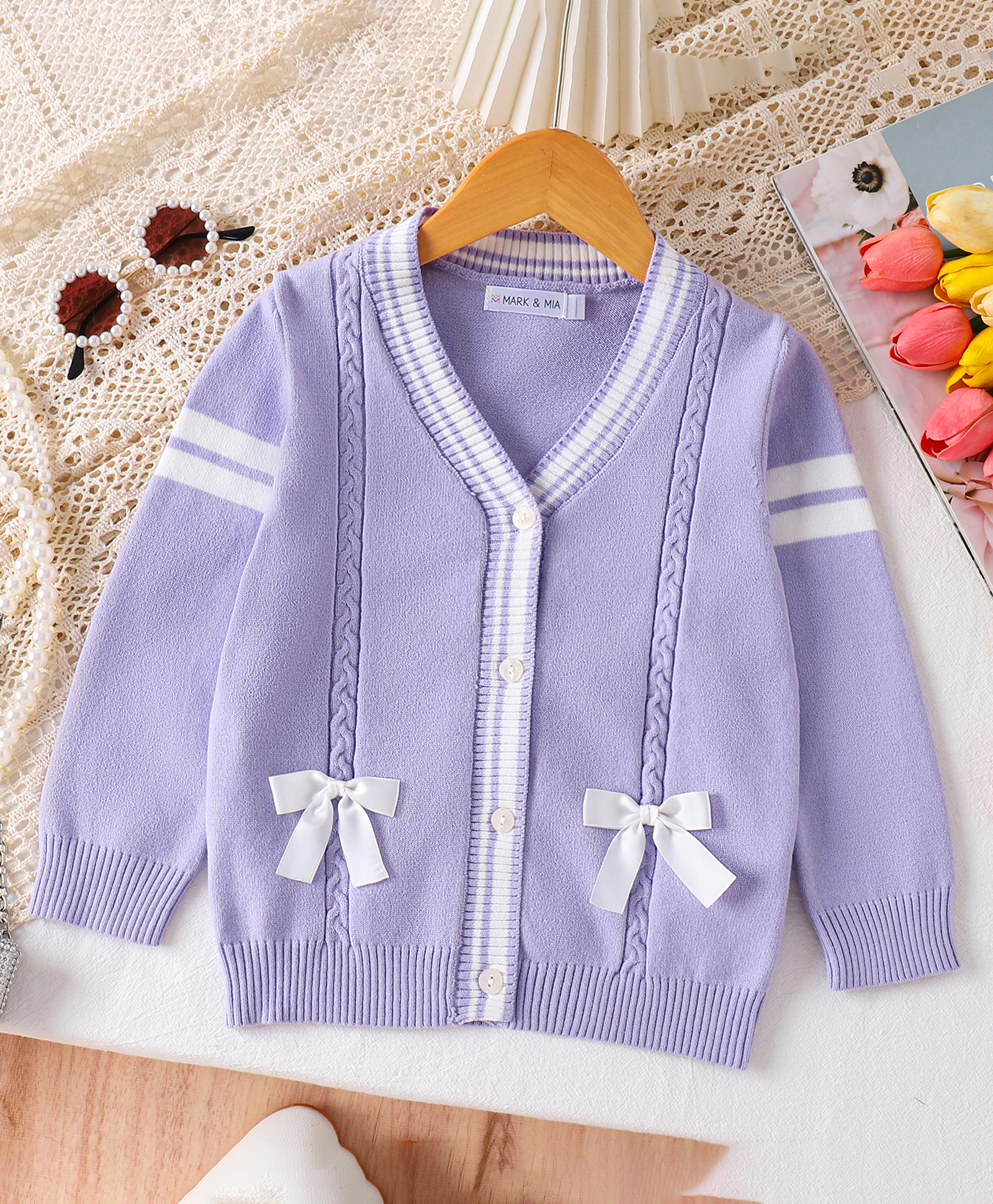 Mark & Mia Viscose Full Sleeves Front Open Sweater With Cable Knit Design & Bow Applique - Purple-image-49