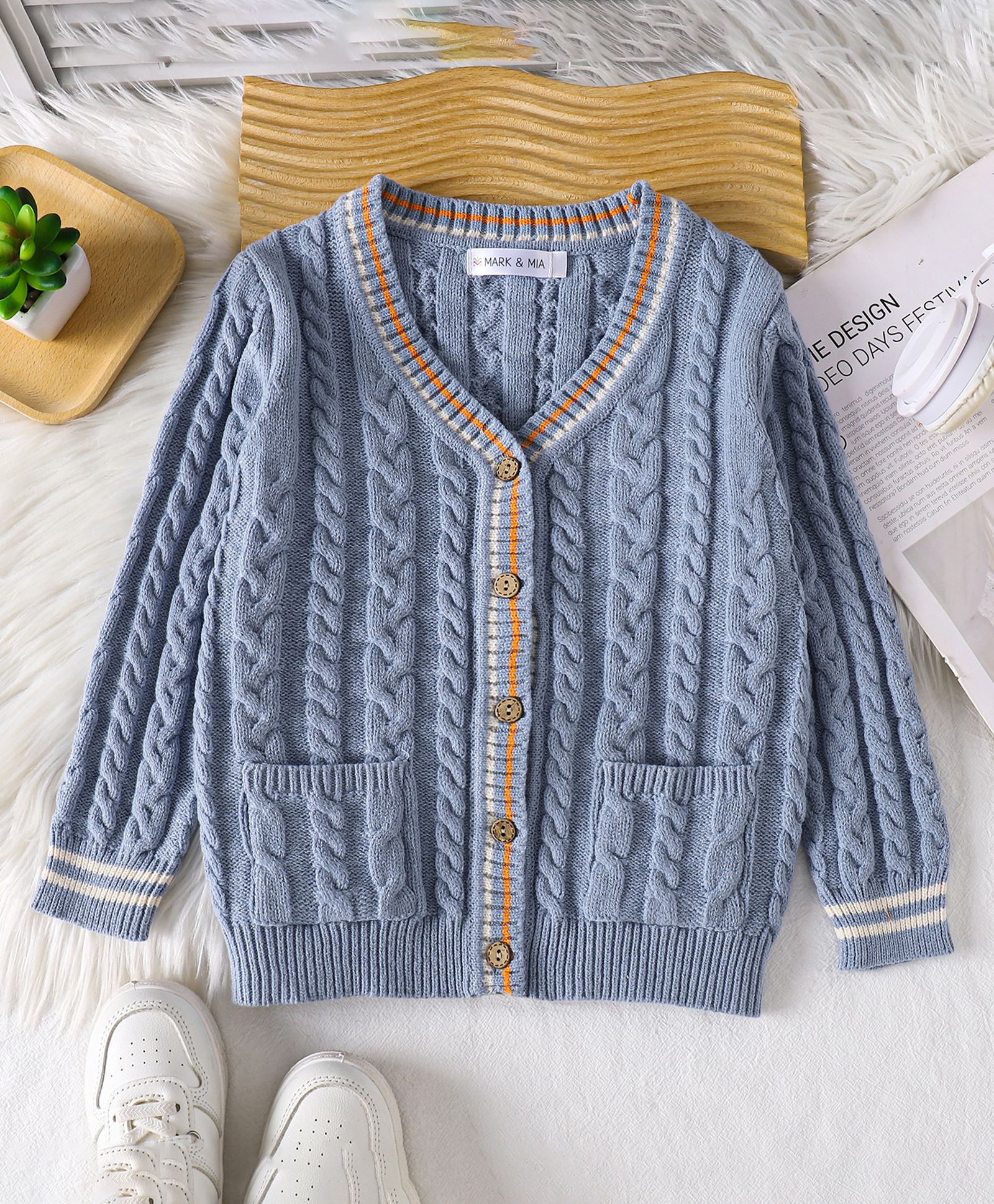Mark & Mia Viscose Full Sleeves Front Open Sweater With Cable Knit Design - Blue-picture-21