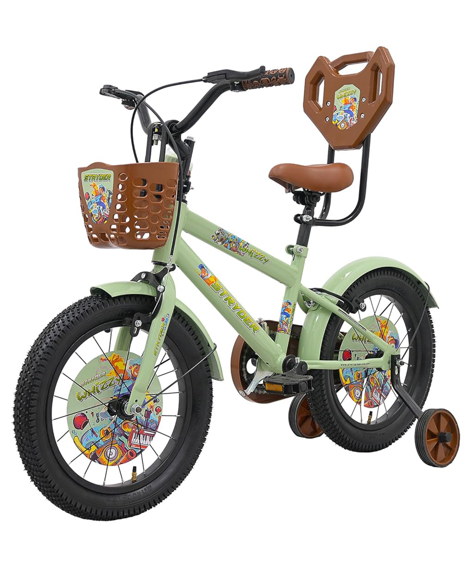 Stryder Whizzy 16T Kids Cycle with Side Wheels Back Rest Basket Water Bottle Mudguards Chain Cover A - Pastel Green-image-23