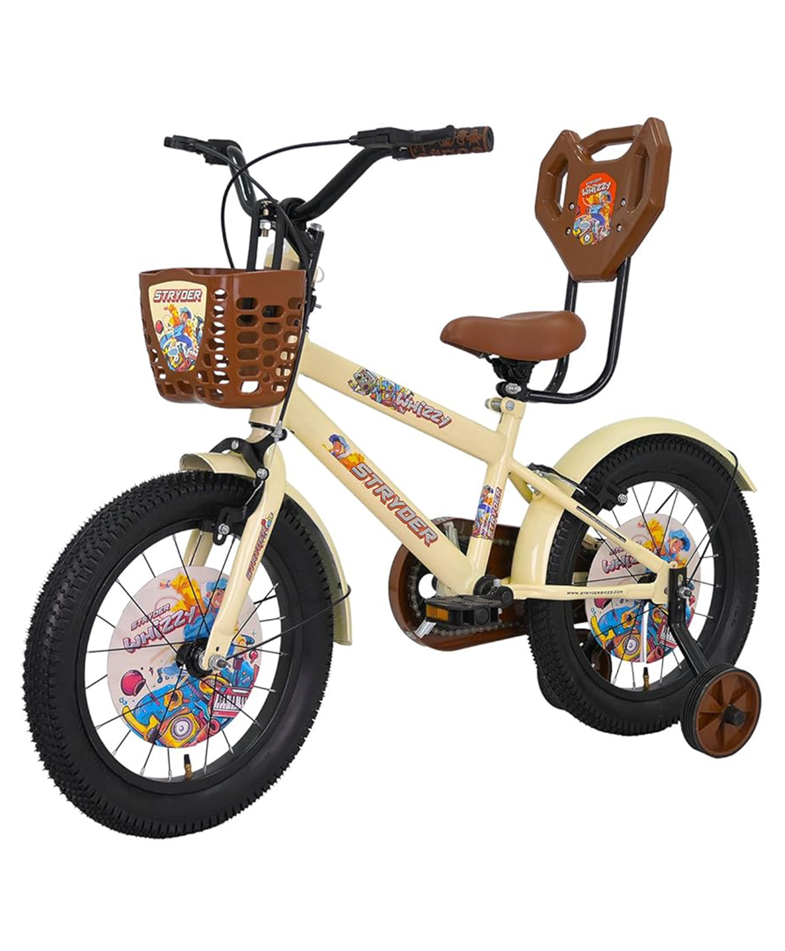Stryder Whizzy 16T Kids Cycle with Side Wheels Back Rest Basket Water Bottle Mudguards Chain Cover - Cream-image-7