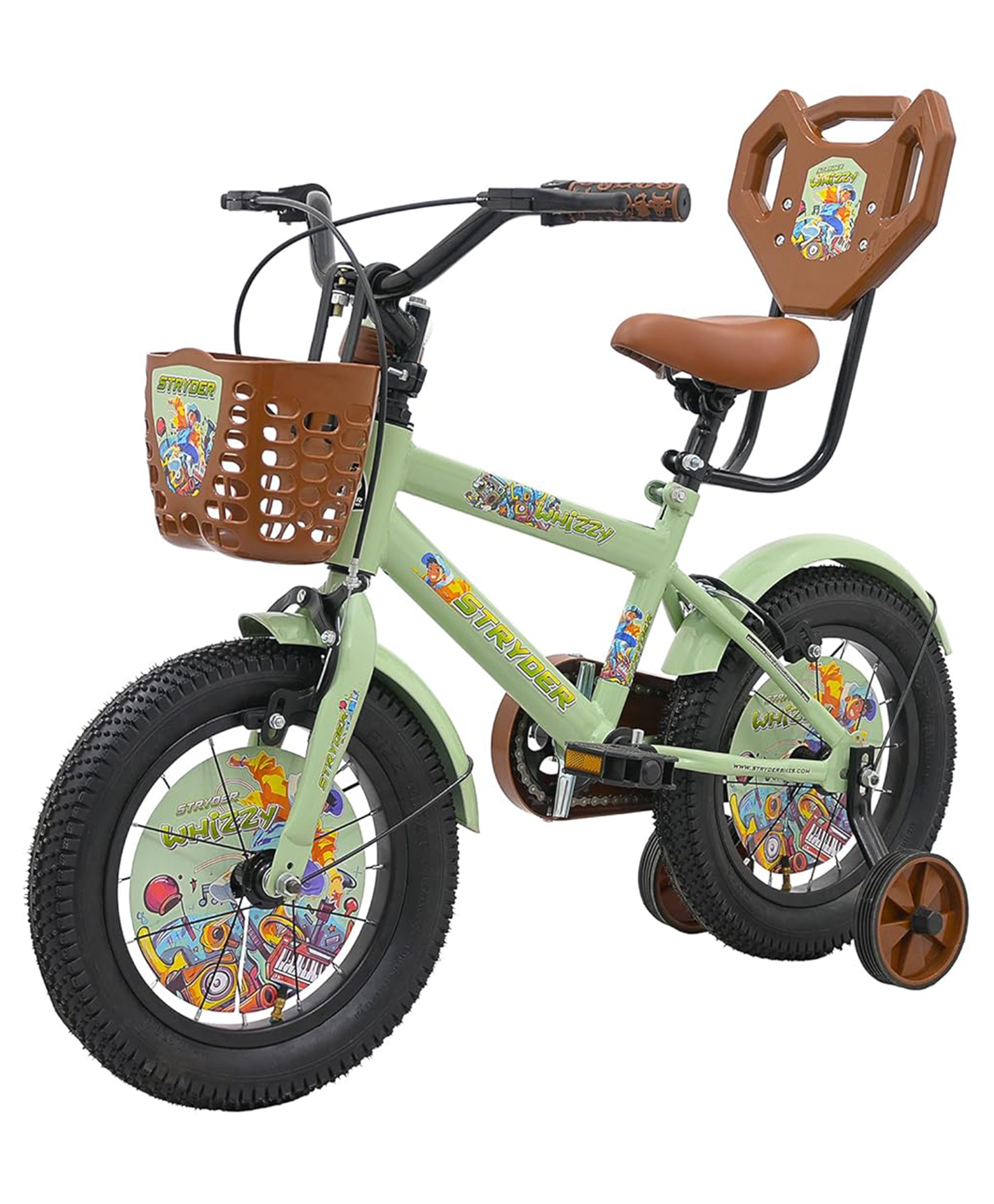 Stryder Whizzy 14T Kids Cycle with Side Wheels Back Rest Basket Water Bottle Mudguards Chain Cover- Pastel Green-image-7