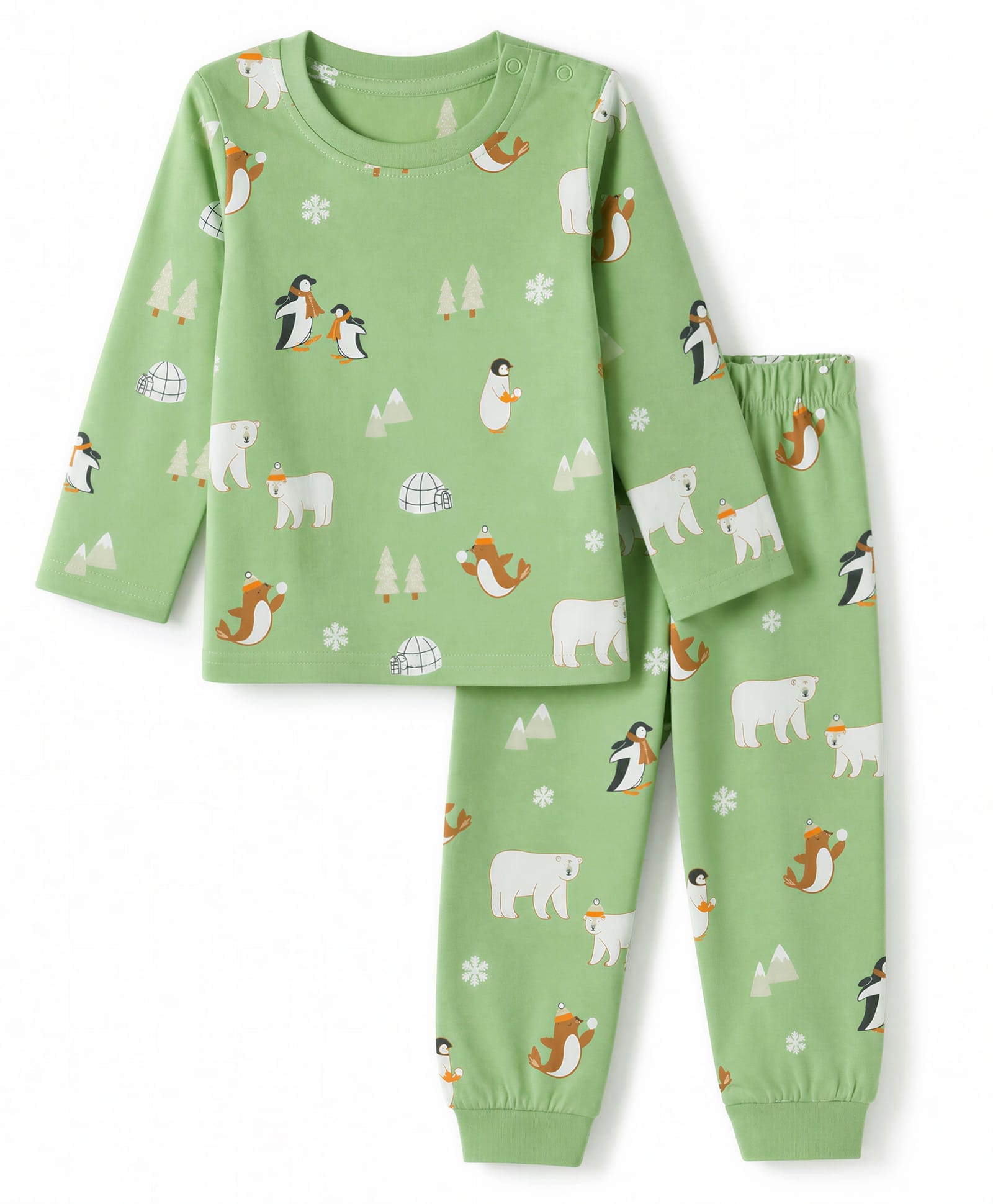 Babyhug Cotton Knit Full Sleeves Co-Ords T-Shirt & Pyjama Nightsuit with Animal Print - Green-image-46
