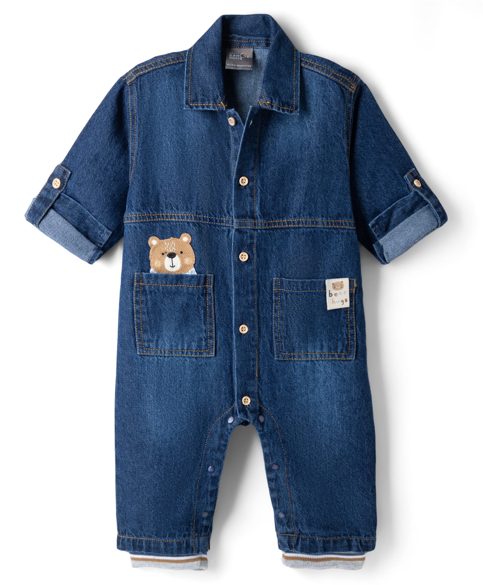 Little Kangaroos Denim Woven Full Sleeves Romper With Teddy Bear Patch - Blue-image-35