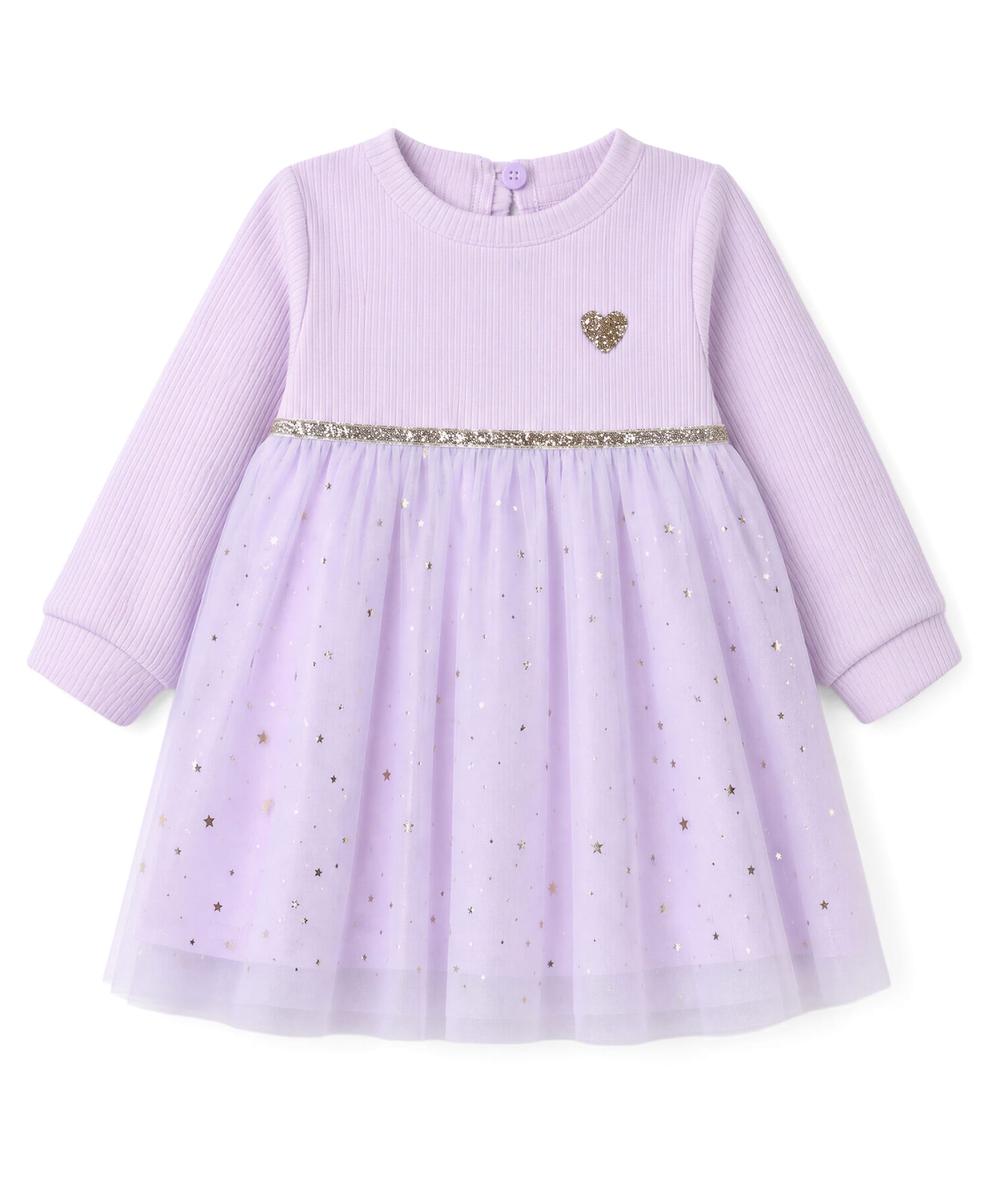 Little Kangaroos Knitted Full Sleeves Party Dress With Sequin Heart Detailing & Star Foil Print - Purple-image-49