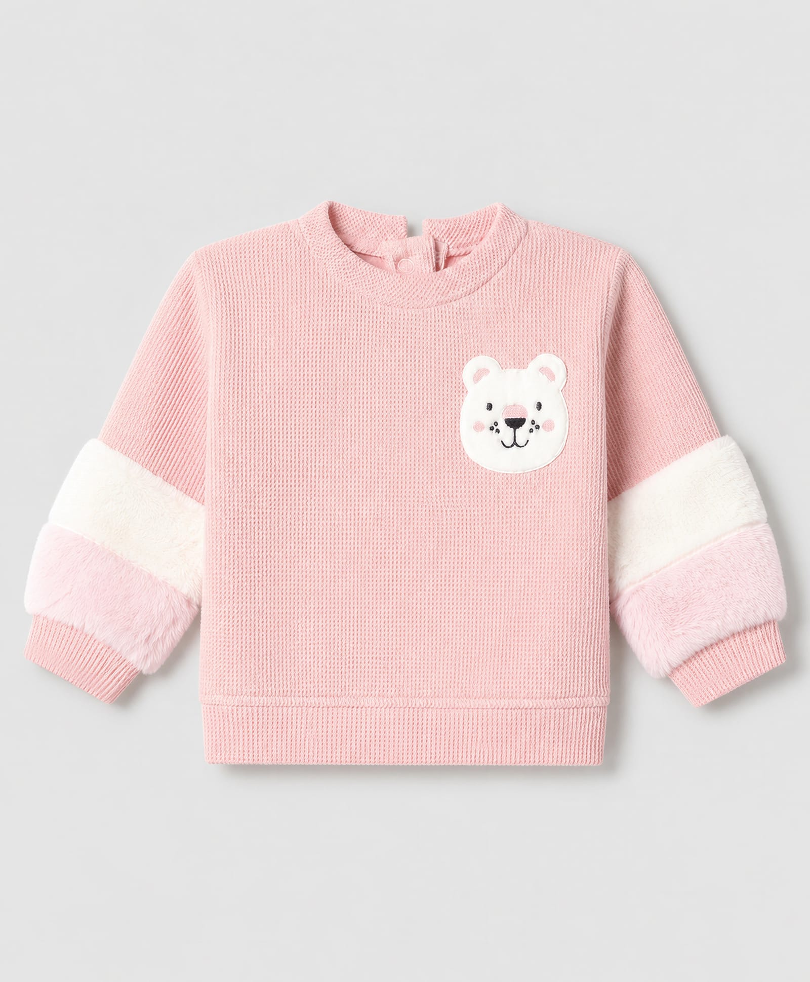 Little Kangaroos Fleece Knit Sweatshirt with Full Sleeves and Bear Patch - Peach-image-13