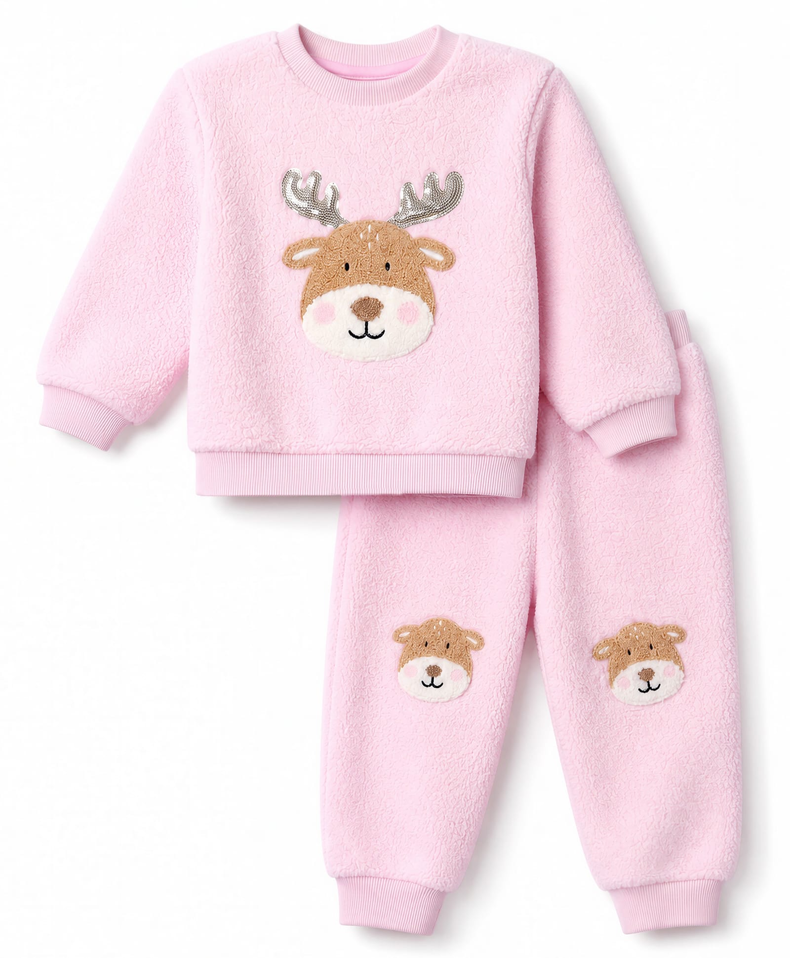 Little Kangaroos Fleece Knit Full Sleeves Winter Wear Co-Ords Suit With Bear Embroidery - Baby Pink-picture-25