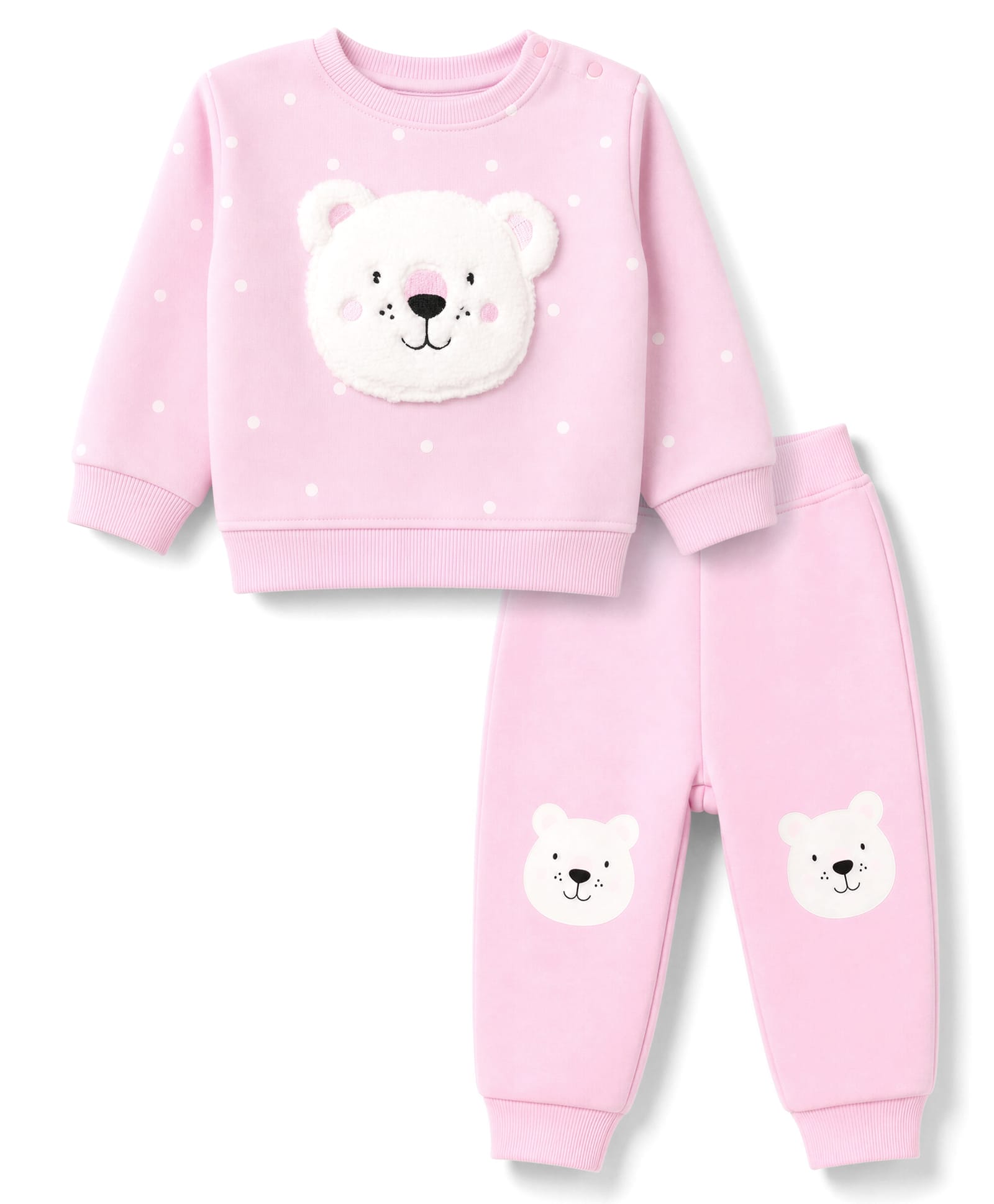 Little Kangaroos Fleece Knit Full Sleeves Winter Wear Suit With Bear Print & Polka Dot - Baby Pink-picture-36