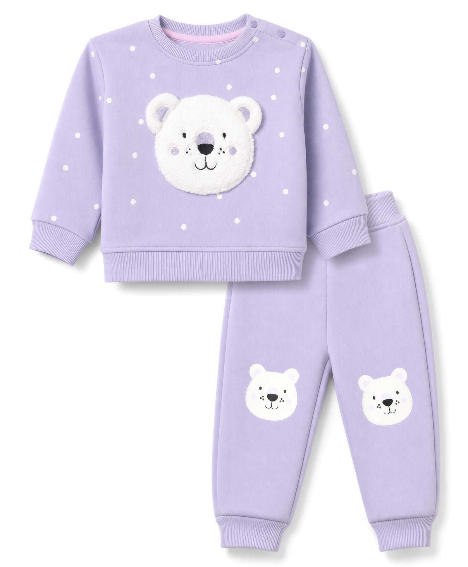 Little Kangaroos Fleece Knit Full Sleeves Winter Wear Suit With Bear Print & Polka Dots - Purple-picture-35