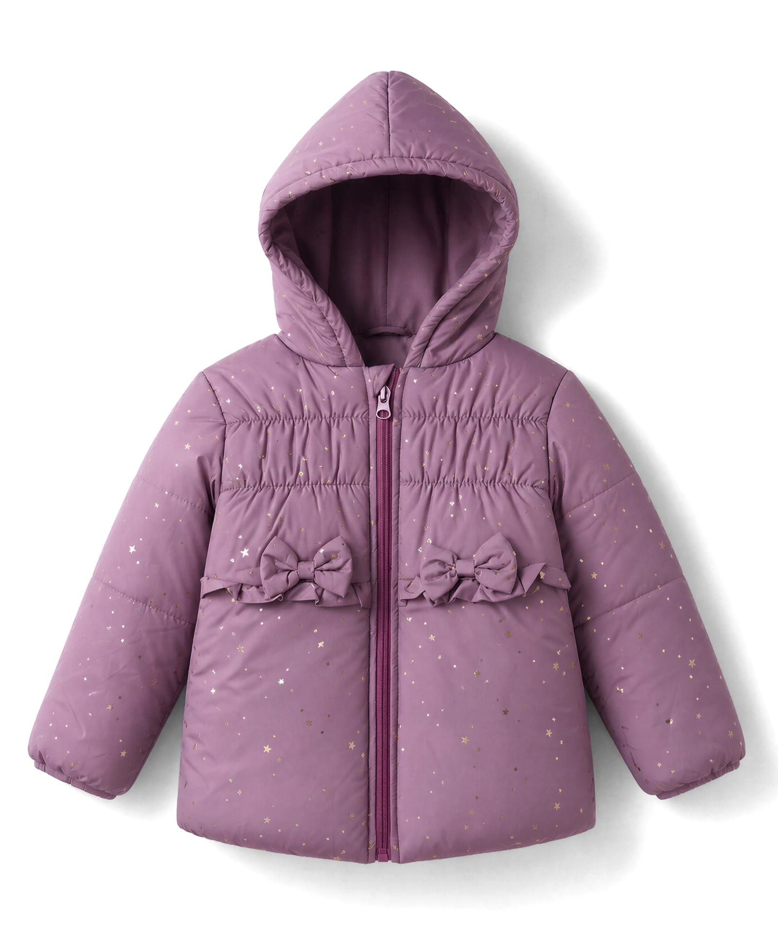 Little Kangaroos Fleece Knit Full Sleeves Star Foil Printed Hooded Padded Jacket With Bow Applique - Purple-picture-20