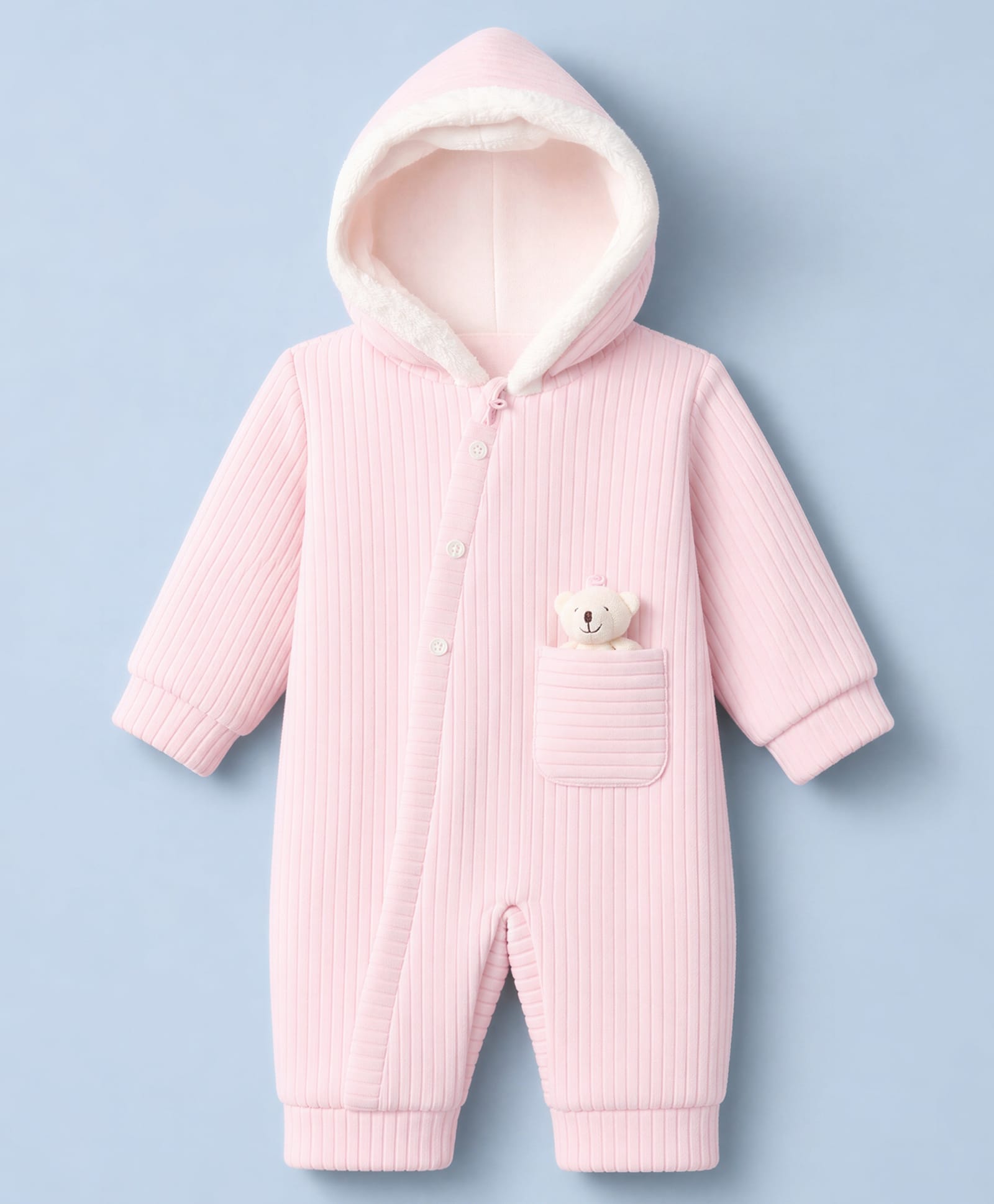 Little Kangaroos Knit Full Sleeves Hooded Textured Winter Wear Romper With Teddy Bear Applique - Pink-image-47