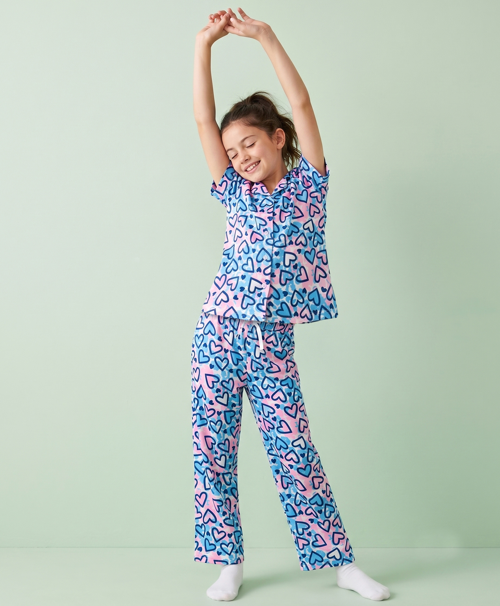 Pine Kids Cotton Knit Half Sleeves Co-Ords Shirt & Pyjama Night Suit with Heart Print - Turquoise-image-18