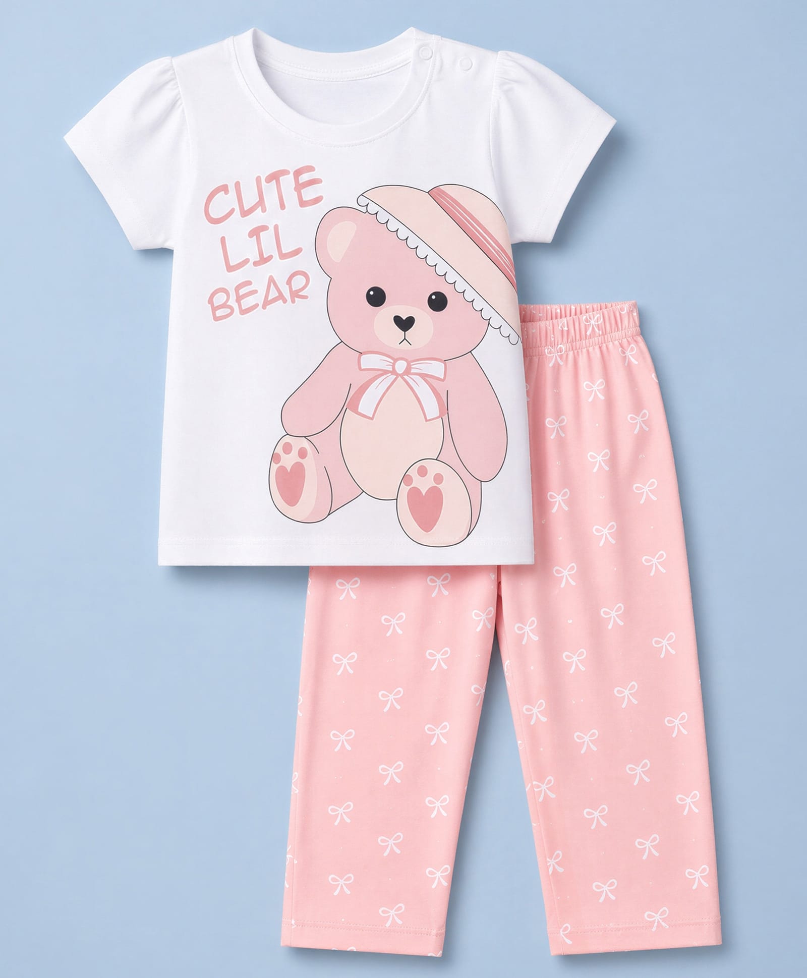Doodle Poodle 100% Cotton Single Jersey Knit Half Sleeves T-Shirt & Pyjama Nightsuit with Bear Print - Pink & White-image-48