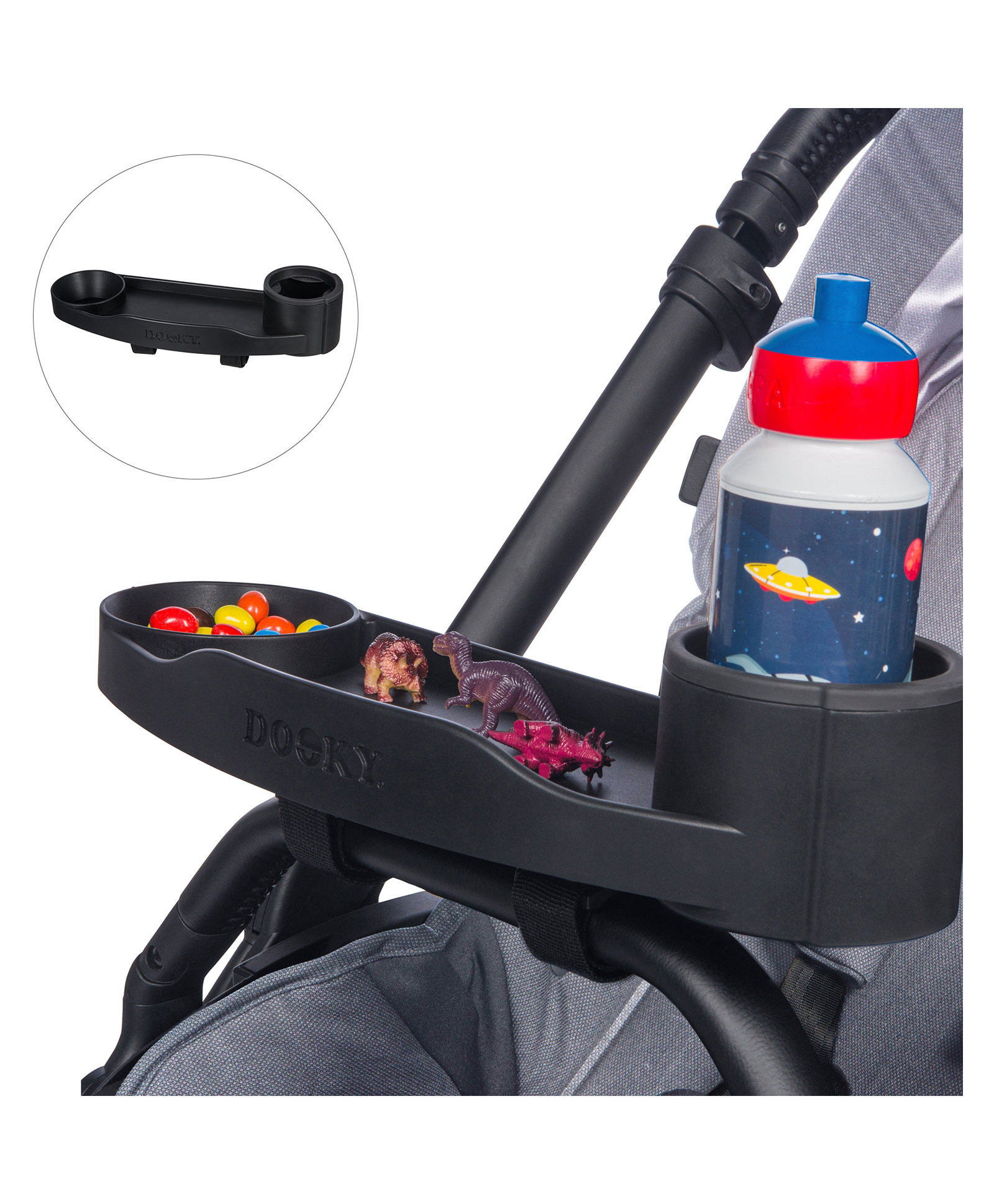 Dooky Stroller Snack Tray with Cup Holder & Phone Holder , Universal Baby Stroller Activity Tray , Food & Toy Organizer for Kids Travel (Black)-image-2