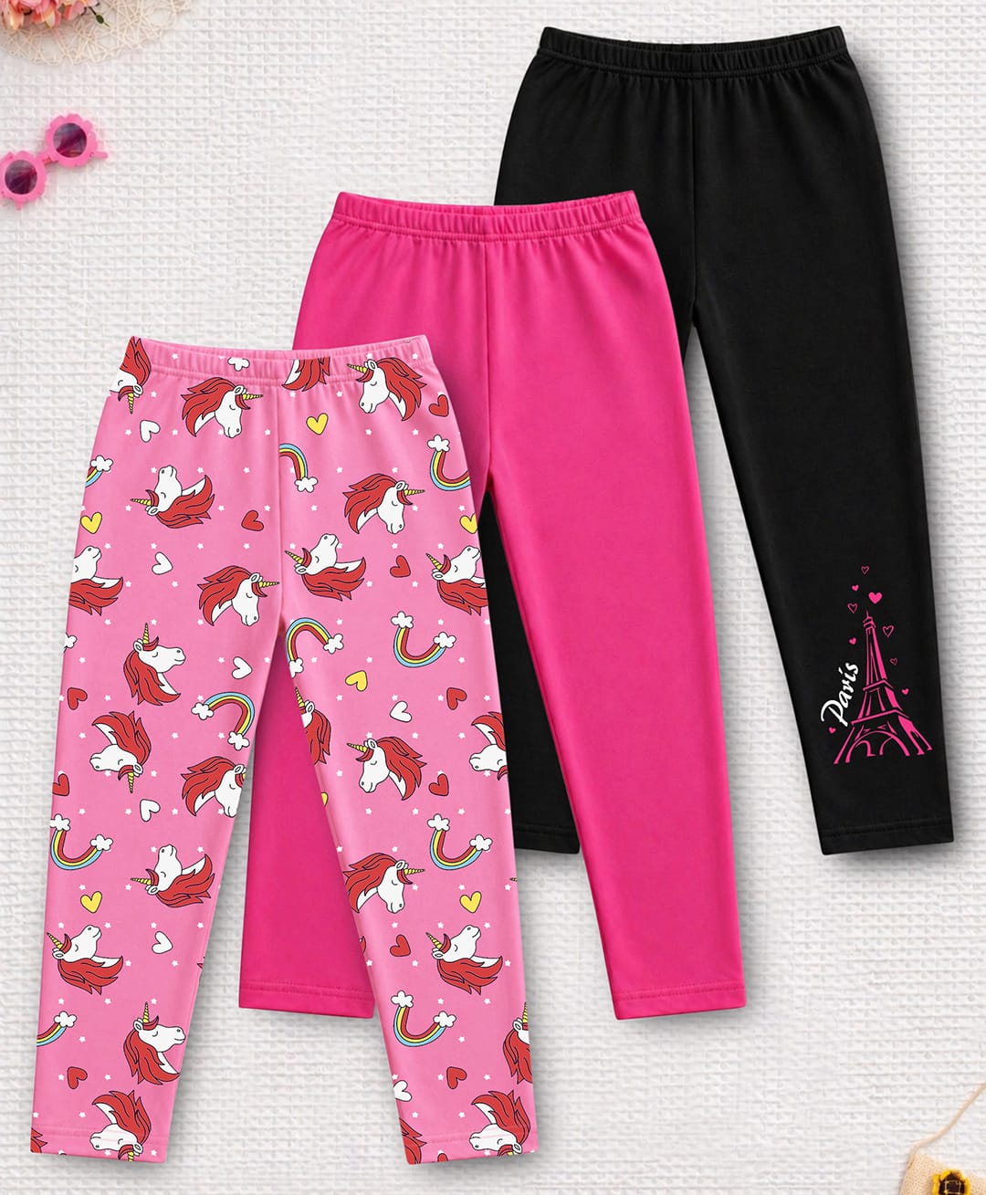 Trampoline Cotton Lycra Knit Pack Of 3 Solid Unicorn & Eiffel Tower Printed Leggings - Black & Pink-picture-15