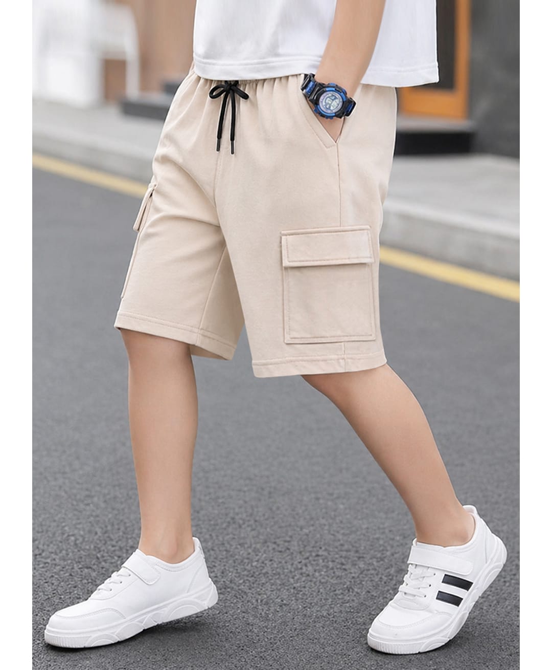 Trampoline Terry Knit Solid Cargo Shorts - Beige-picture-13