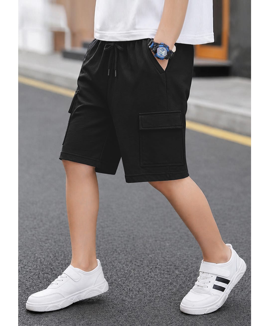 Trampoline Terry Knit Solid Cargo Shorts - Black-picture-11