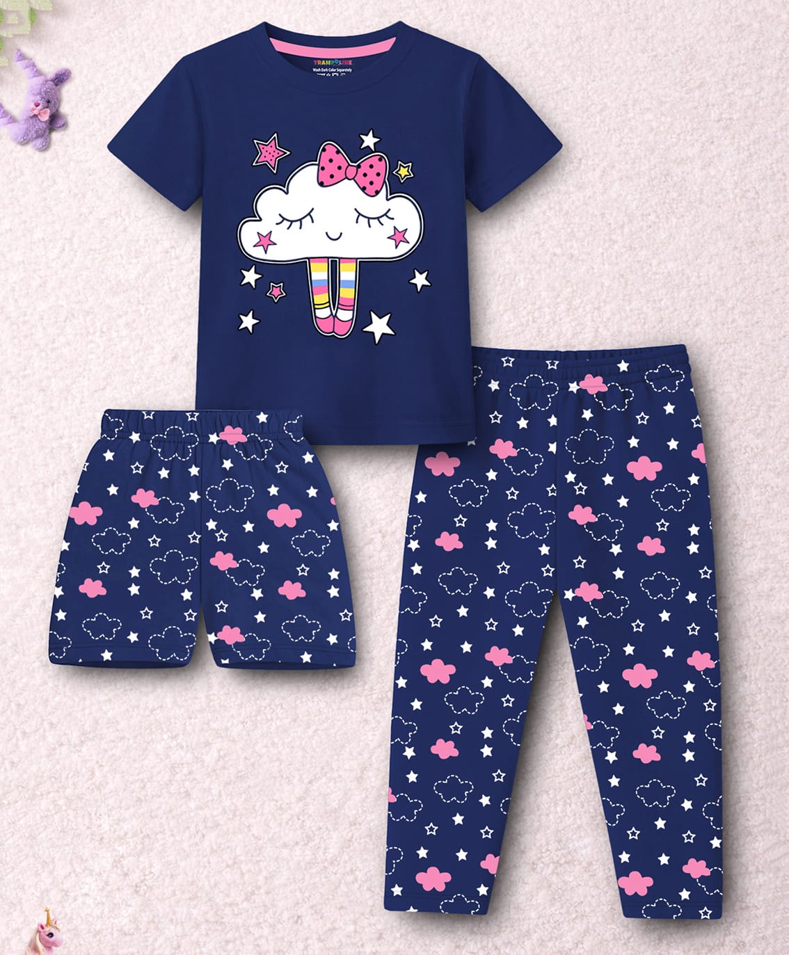 Trampoline Cotton Blend Knit Half Sleeves Cloud & Star Printed Tee & Pajama Night Suit With Shorts - Navy Blue-image-11