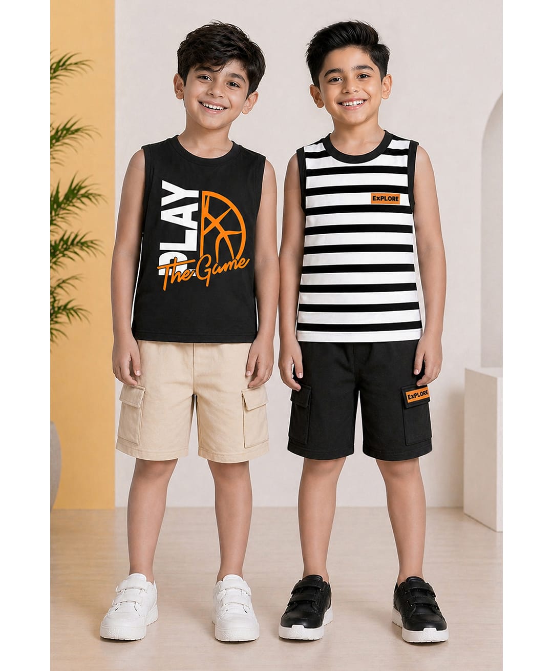 Trampoline Cotton Blend Knit Pack Of 2 Sleeveless Play Text Printed & Striped Tee & Shorts Set - Black & White-image-28