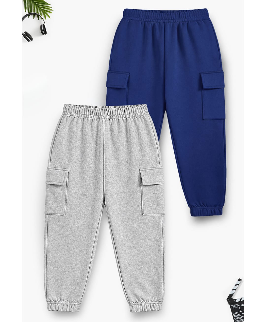 Trampoline Cotton Blend Knit Pack Of 2 Solid Cargo Style Joggers - Navy Blue & Grey-image-33