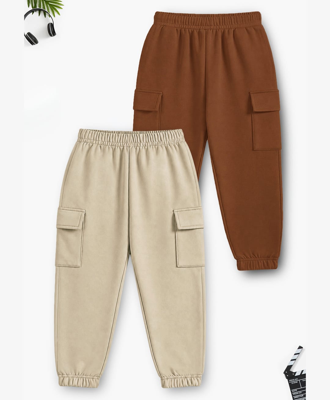 Trampoline Cotton Blend Knit Pack Of 2 Solid Cargo Style Joggers - Brown & Beige-picture-30