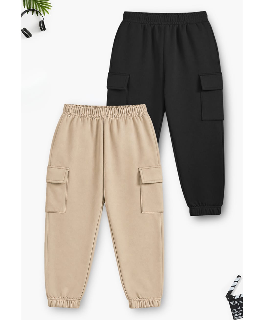Trampoline Cotton Blend Knit Pack Of 2 Solid Cargo Style Joggers - Beige & Black-picture-12