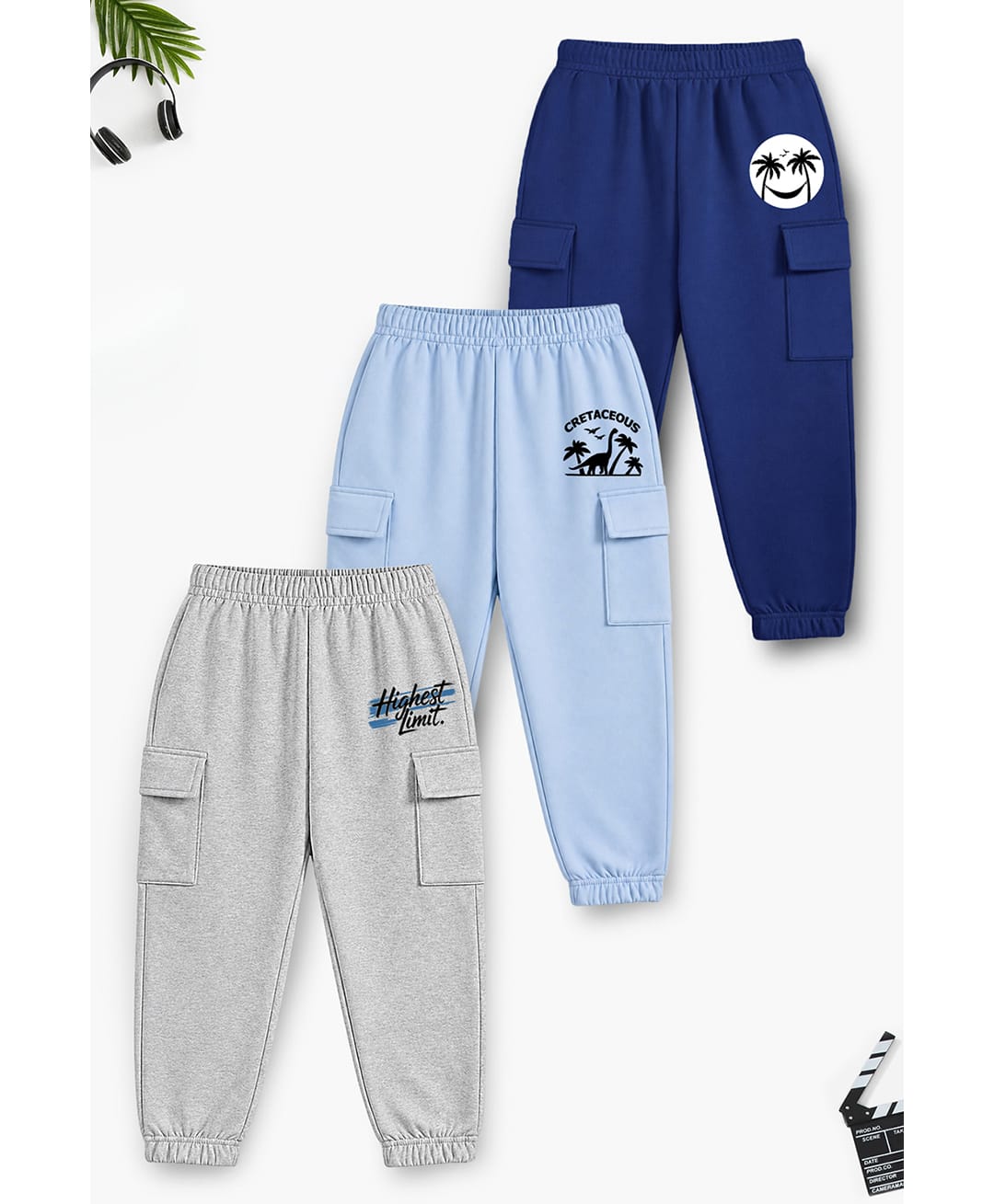 Trampoline Cotton Blend Knit Pack Of 3 Tropical Theme & Dinosaur Printed Cargo Style Joggers - Grey Sky & Dark Blue-picture-17