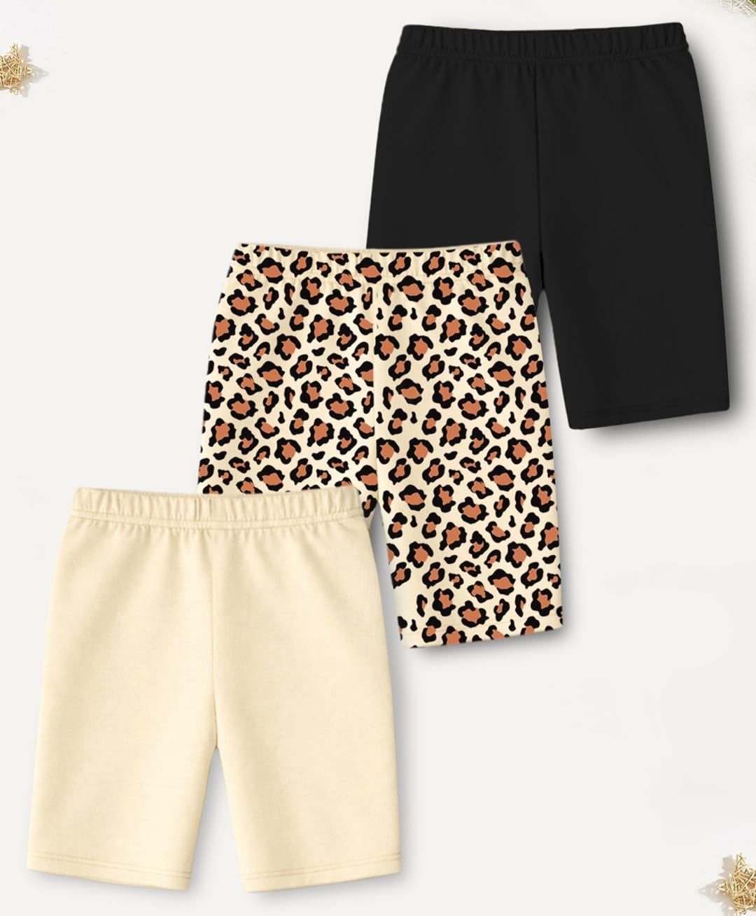 Trampoline Cotton Blend Knit Pack Of 3 Leopard Printed & Solid Cycling Shorts - Multi Colour-picture-31