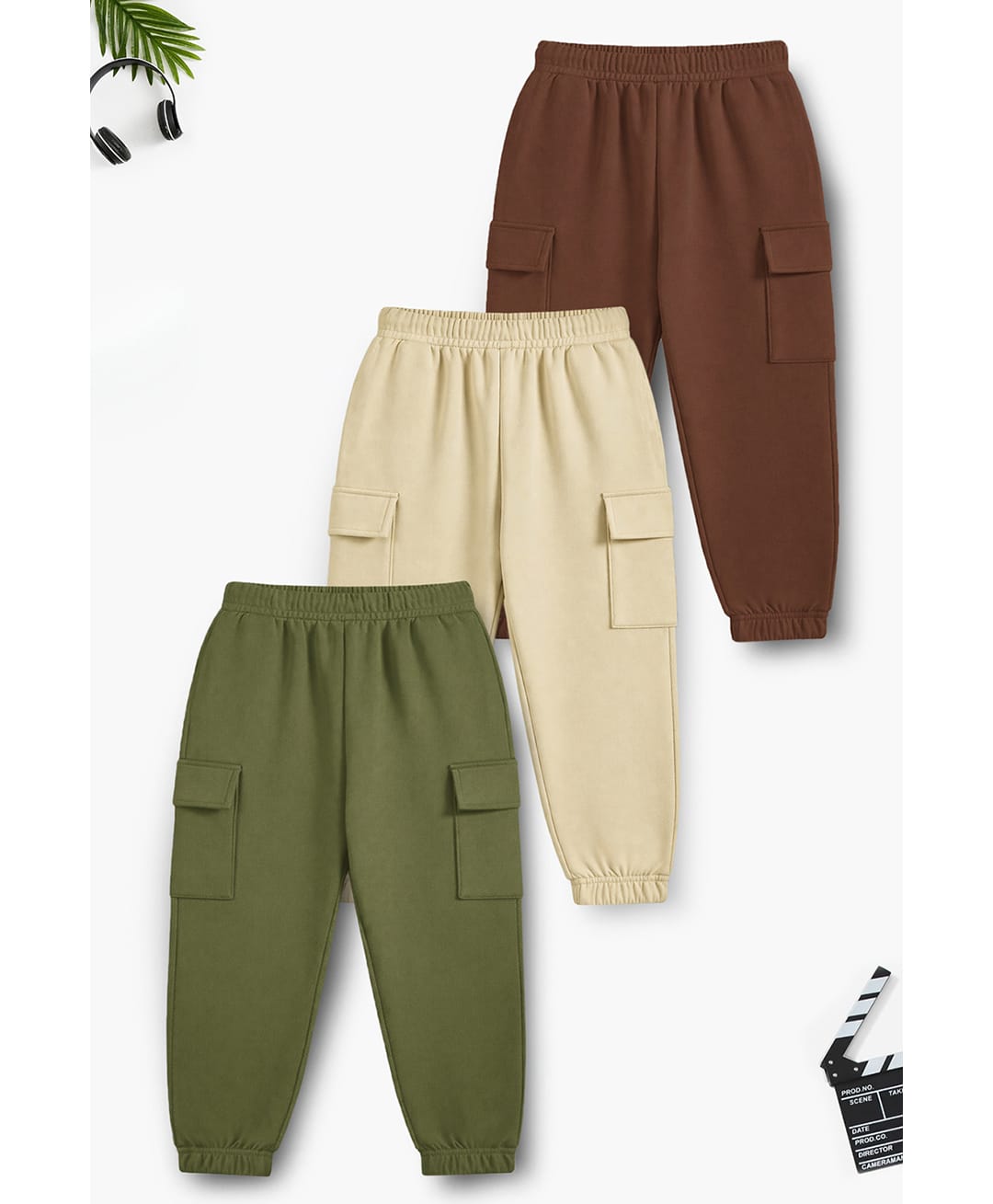 Trampoline Cotton Blend Knit Pack Of 3 Solid Cargo Styled Joggers - Brown Beige & Green-picture-25