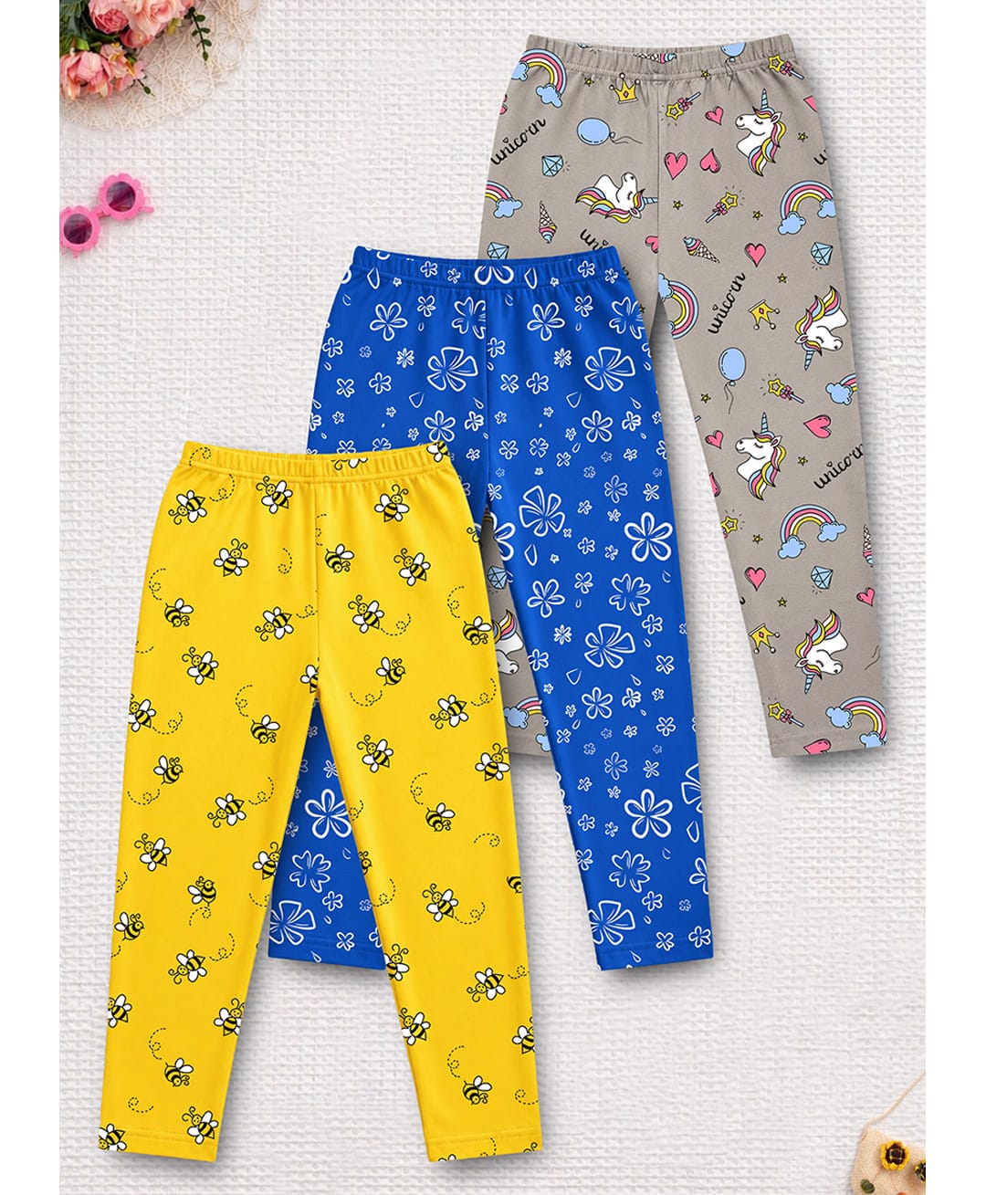 Trampoline Cotton Lycra Knit Pack Of 3 Unicorn Floral & Bees Printed Leggings - Grey Yellow & Blue-picture-12