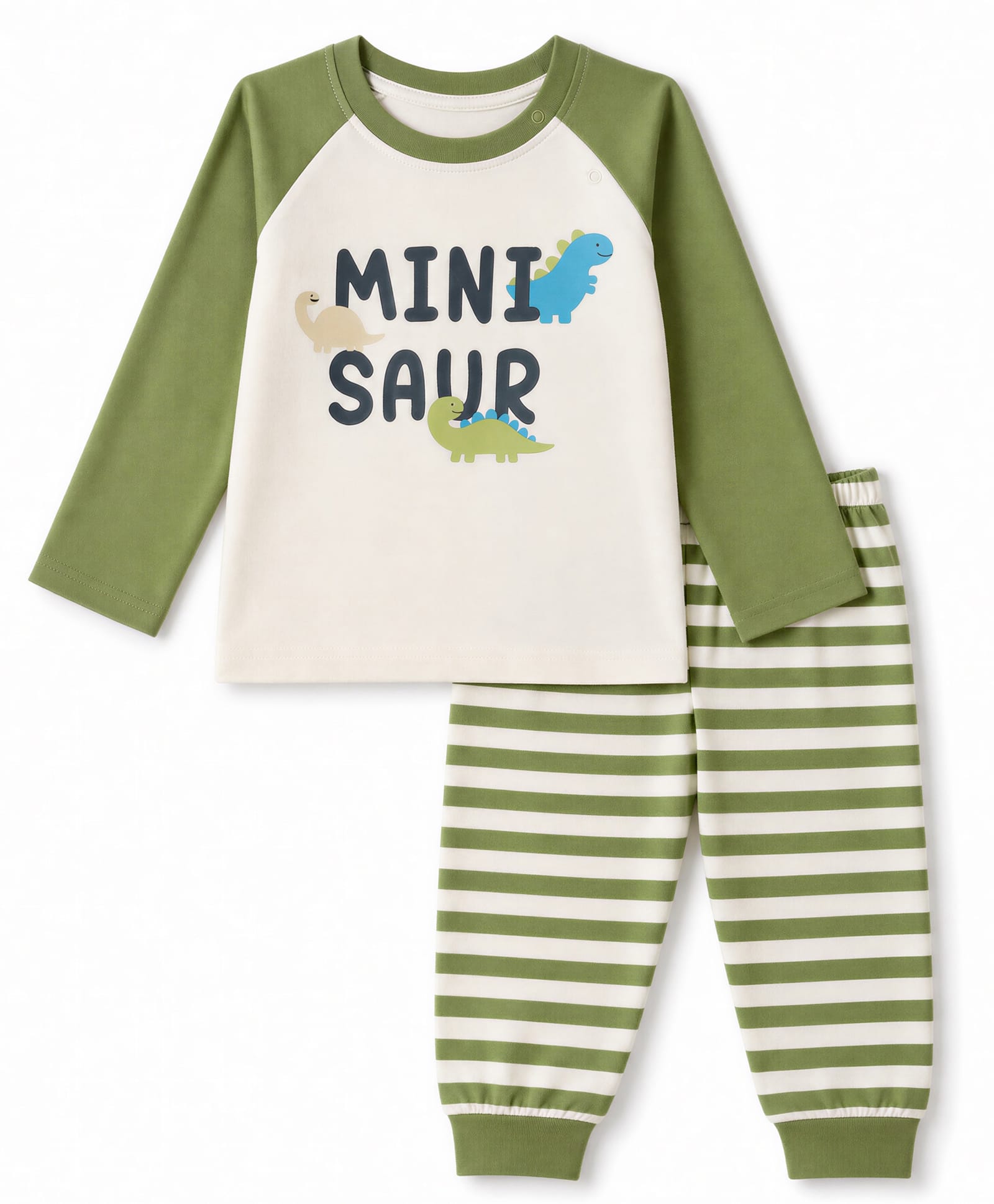 Babyhug Cotton Knit Full Sleeves T-Shirt & Striped Pyjama Nightsuit with Mini Saur Print - Green-image-12