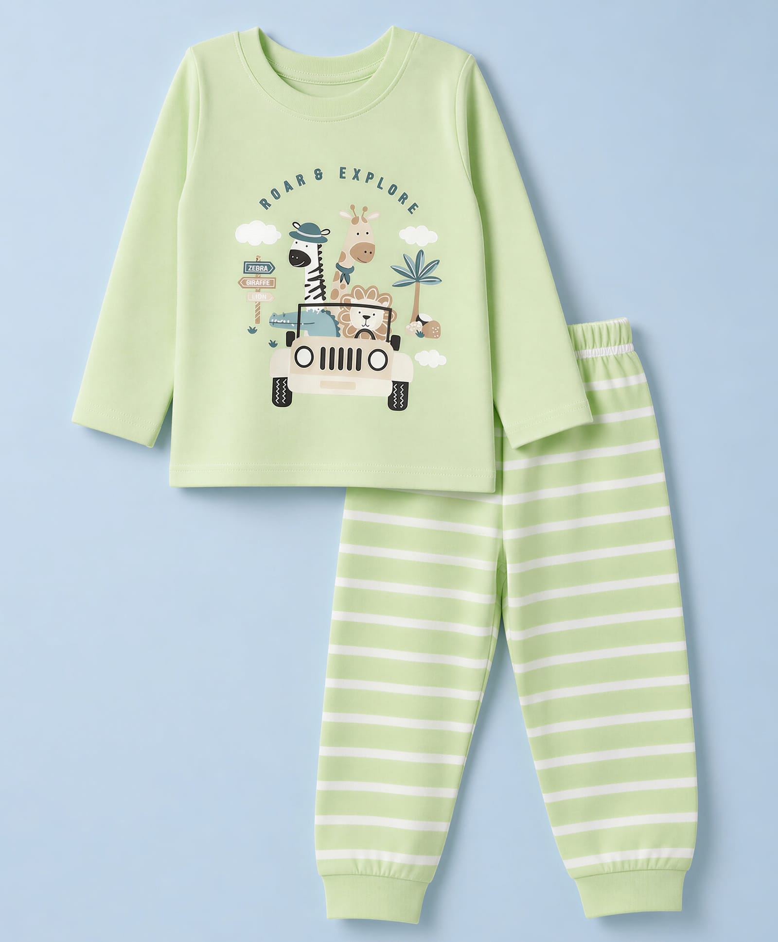 Babyhug Cotton Knit Full Sleeves Shirt & Striped Jogger Night Suit with Roar & Explore Jungle Safari Print - Light Green-image-30
