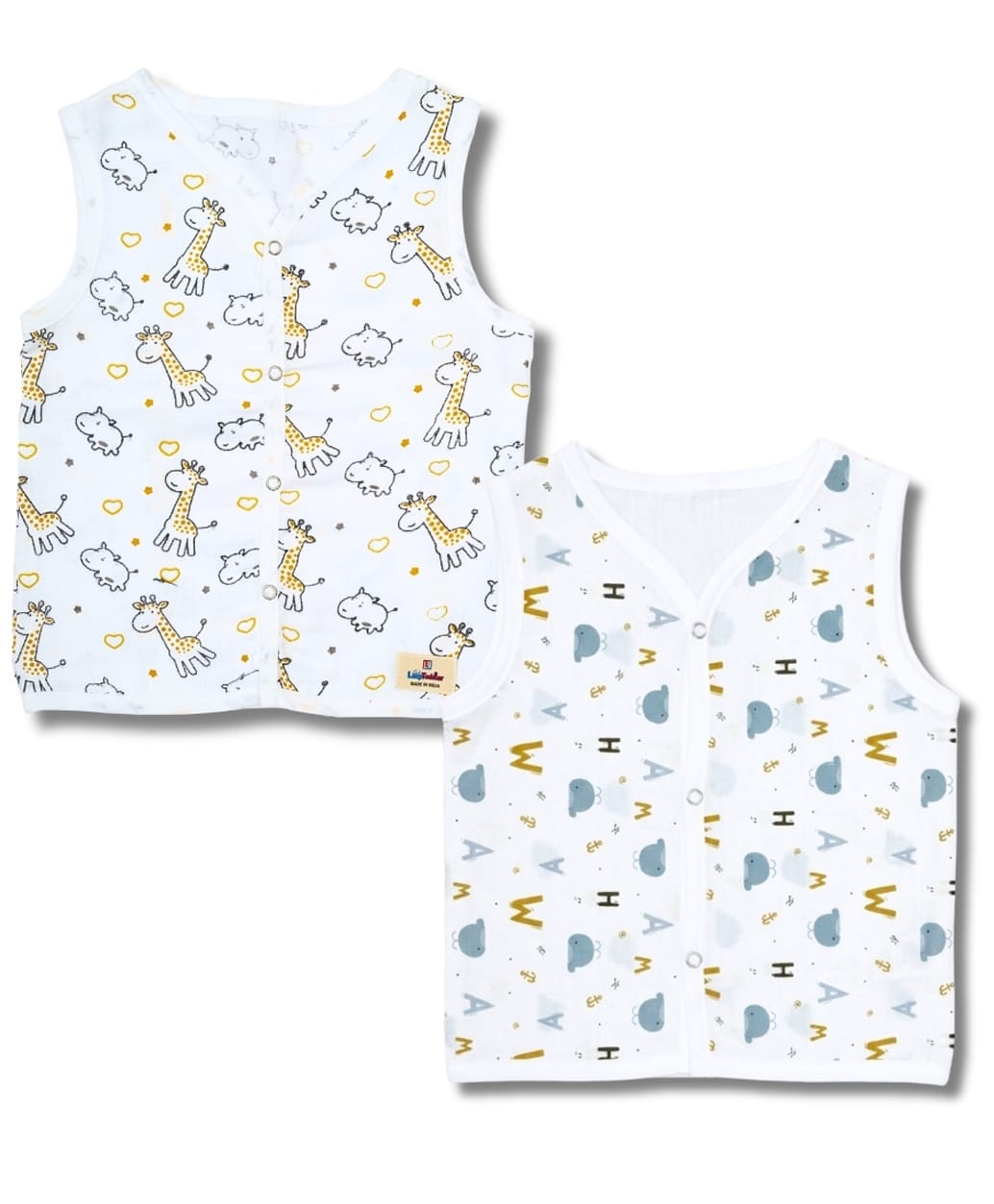 LazyToddler 100% Muslin Woven Pack Of 2 Sleeveless Giraffe & Alphabets Printed Jhablas - Multi Colour-picture-25