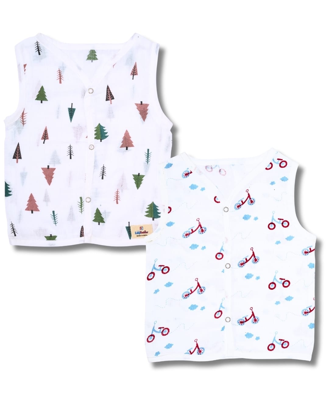 LazyToddler 100% Muslin Woven Pack Of 2 Sleeveless Tree & Bicycle Printed Jhablas - Multi Colour-image-30