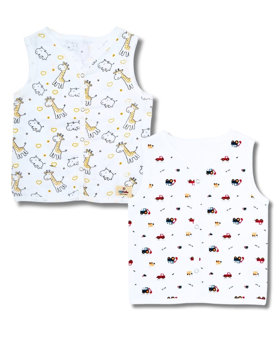 LazyToddler 100% Muslin Woven Pack Of 2 Sleeveless Giraffe & Vehicle Printed Jhablas - Multi Colour-picture-19