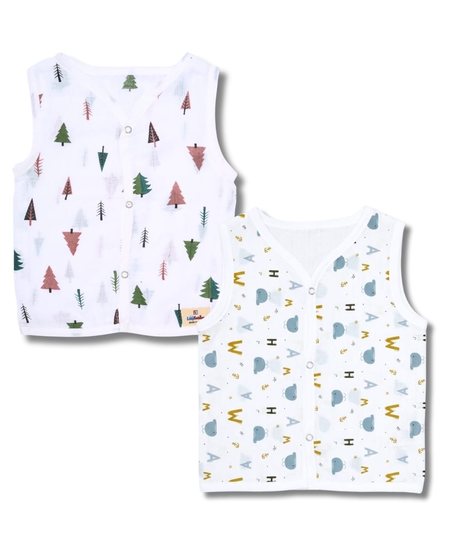 LazyToddler 100% Muslin Woven Pack Of 2 Sleeveless Tree & Alphabets Printed Jhablas - Multi Colour-image-26