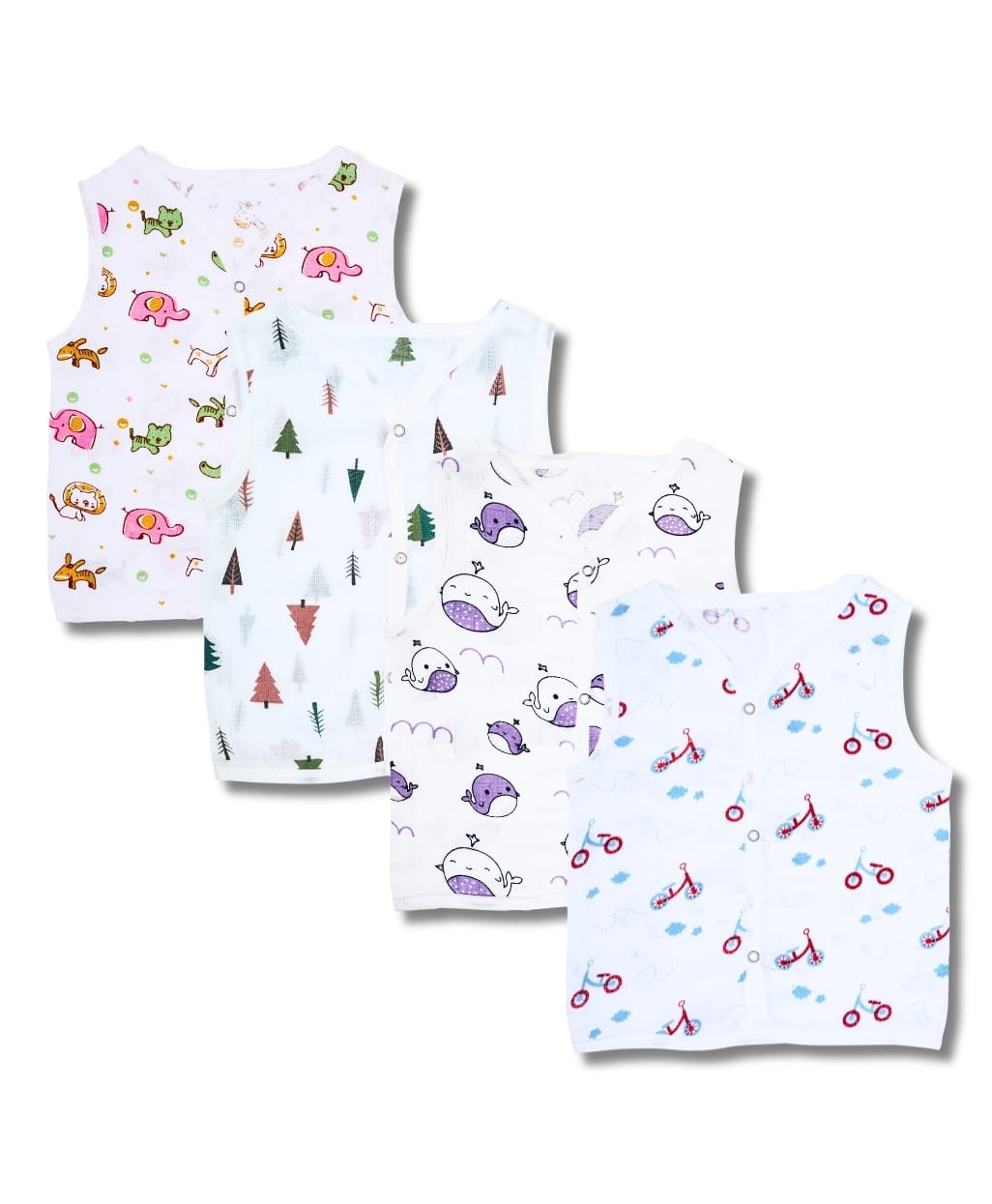 LazyToddler 100% Muslin Woven Pack Of 4 Sleeveless Animal Tree & Bicycle Printed Jhablas - Multi Colour-image-27