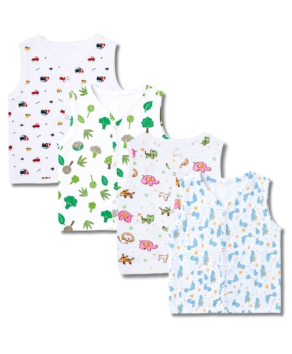 LazyToddler 100% Muslin Woven Pack Of 4 Sleeveless Animal Dinosaur & Vegetables Printed Jhablas - Multi Colour-image-46