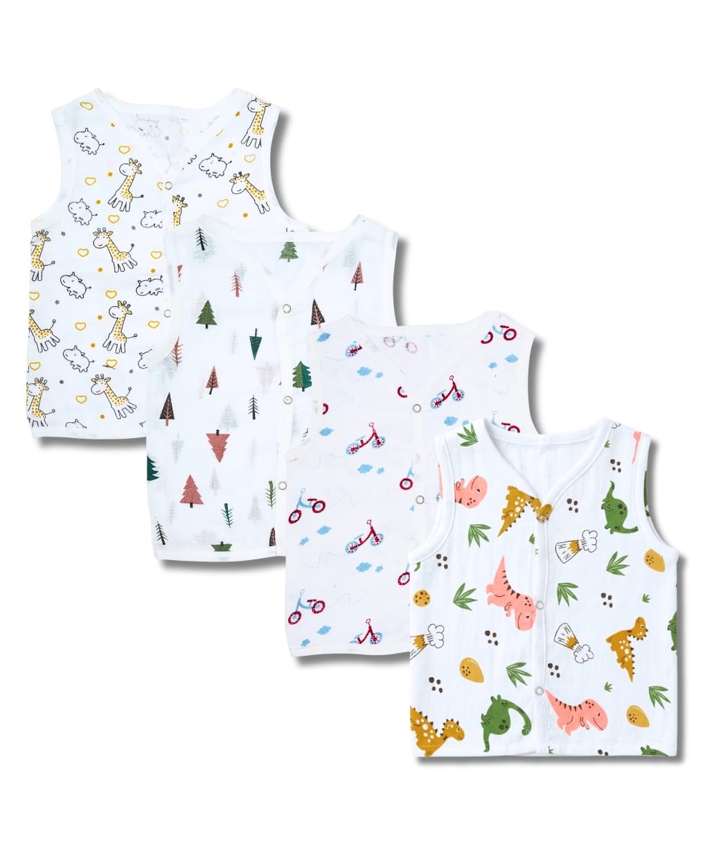LazyToddler 100% Muslin Woven Pack Of 4 Sleeveless Tree Dinosaur & Bicycle Printed Jhablas - Multi Colour-image-12