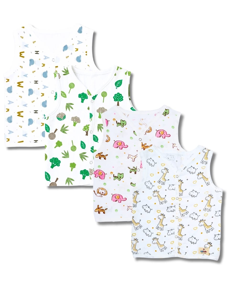 LazyToddler 100% Muslin Woven Pack Of 4 Sleeveless Animal Vegetable & Alphabets Printed Jhablas - Multi Colour-picture-17