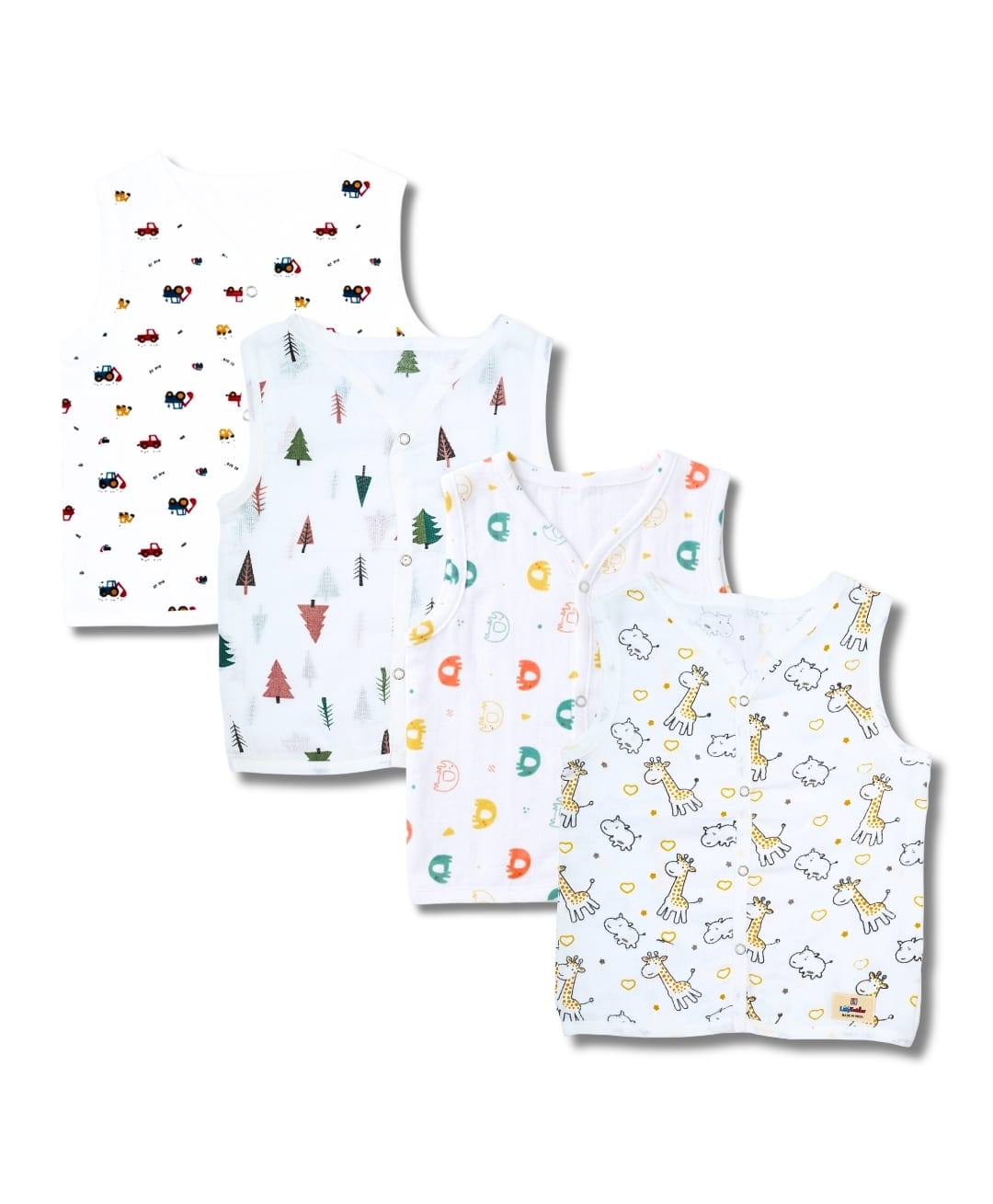 LazyToddler 100% Muslin Woven Pack Of 4 Sleeveless Animal Tree & Vehicles Printed Jhablas - Multi Colour-image-28
