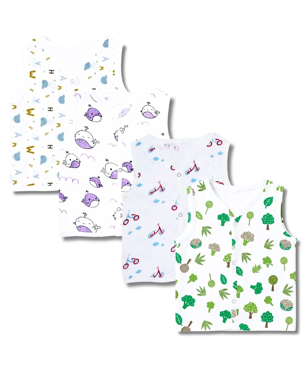 LazyToddler 100% Muslin Woven Pack Of 4 Sleeveless Bicycle Vegetable & Alphabets Printed Jhablas - Multi Colour-image-49